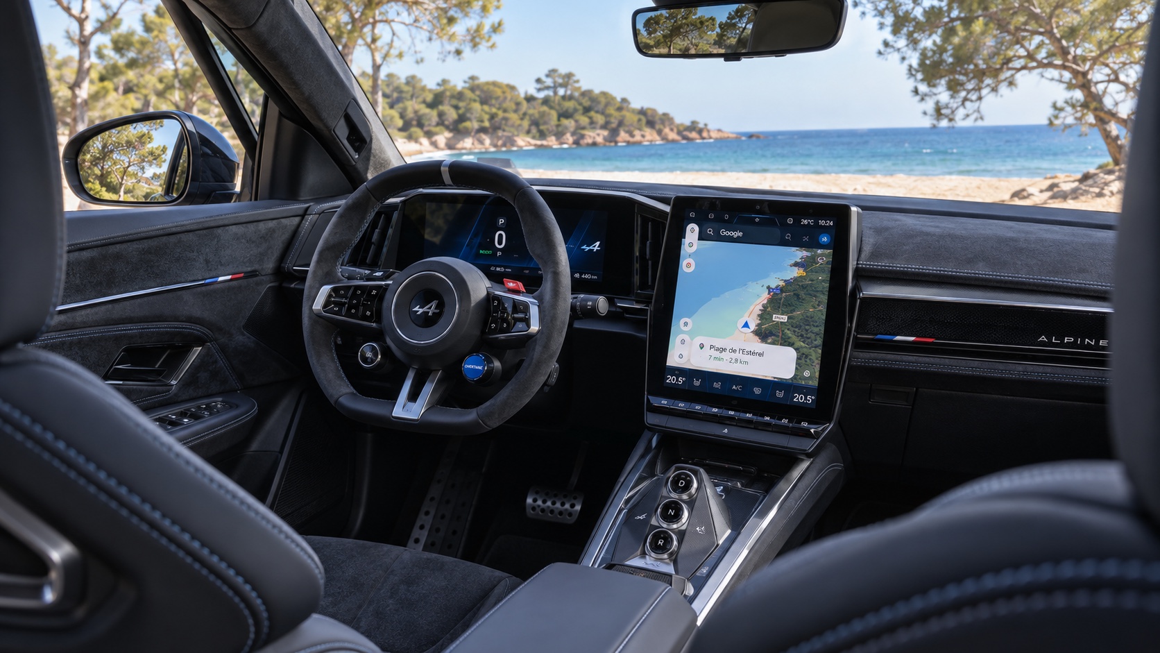 Alpine A390 GTS-interiør set skråt fra højre bagsæde med instrumenter og navigation tændt