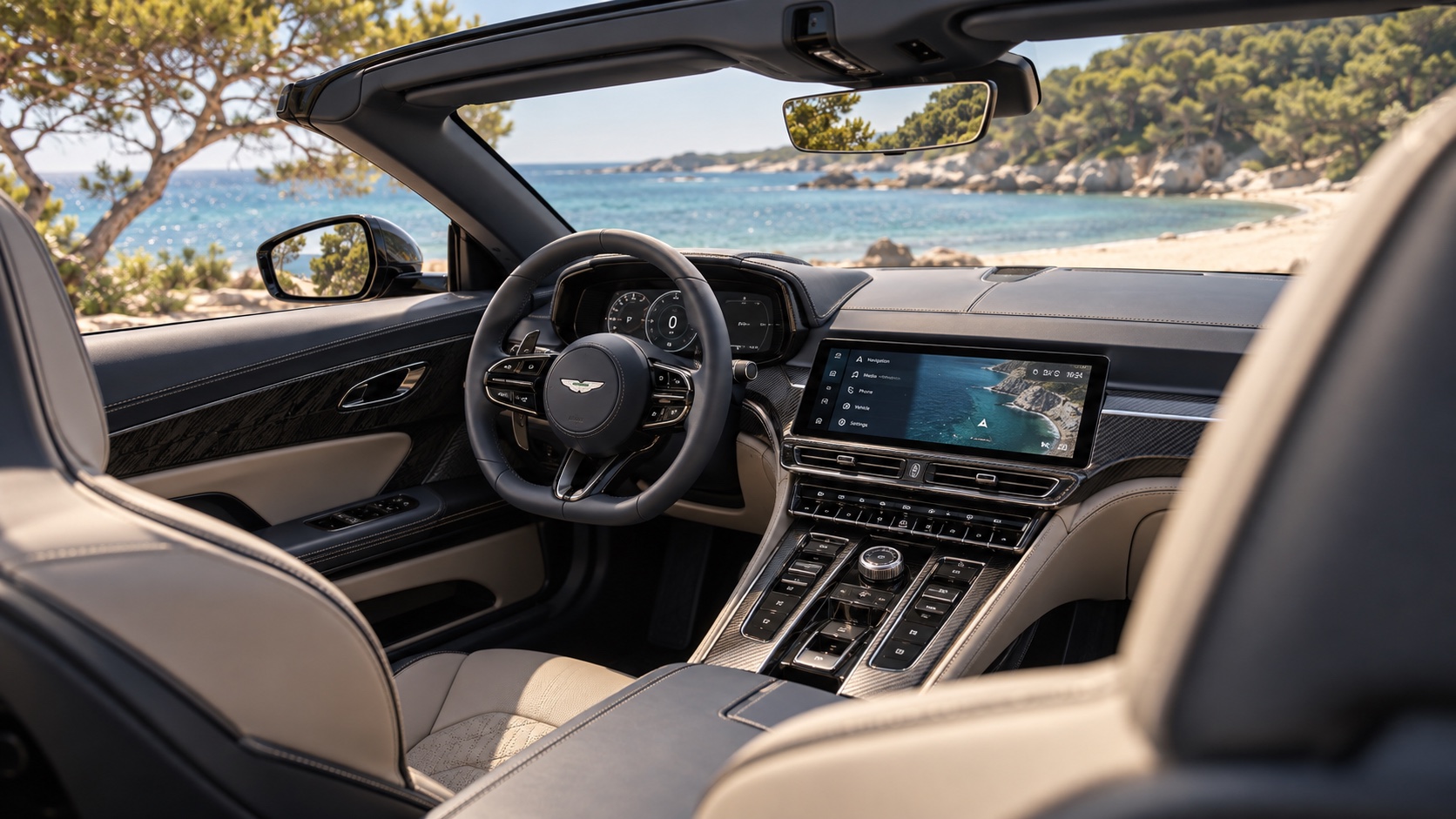 Interiøret i Aston Martin Vanquish Volante med læderkabine, sportsrat og tændte skærme