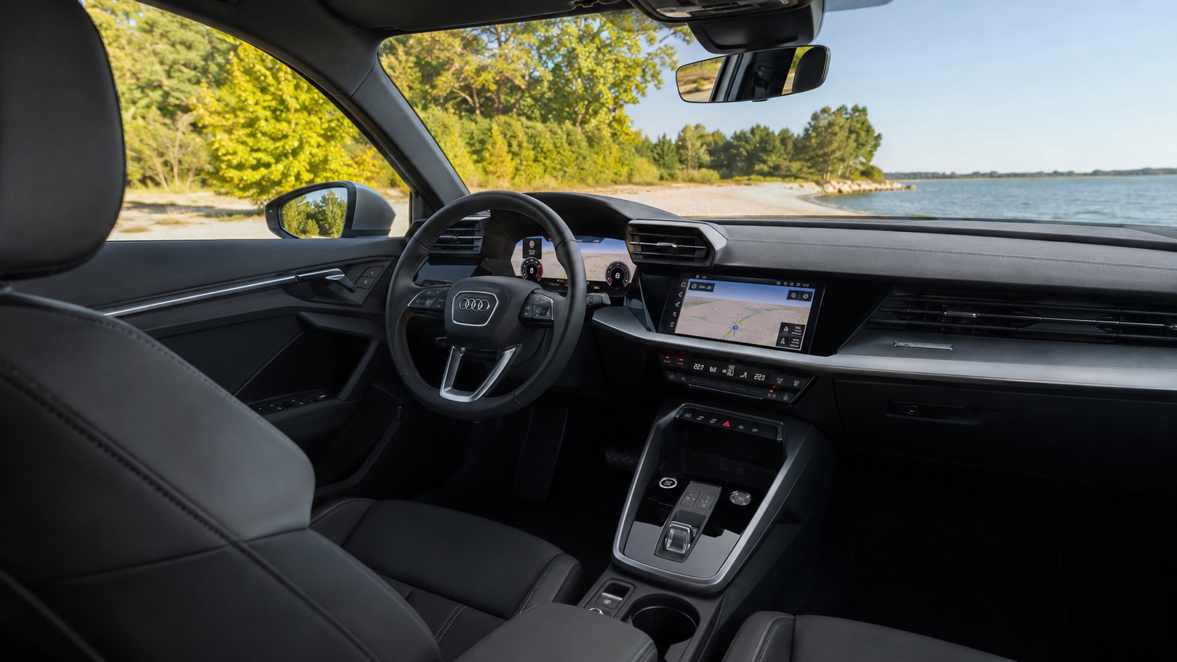 Audi A3 8Y-interiør med tændt MMI-skærm og digital instrumentering