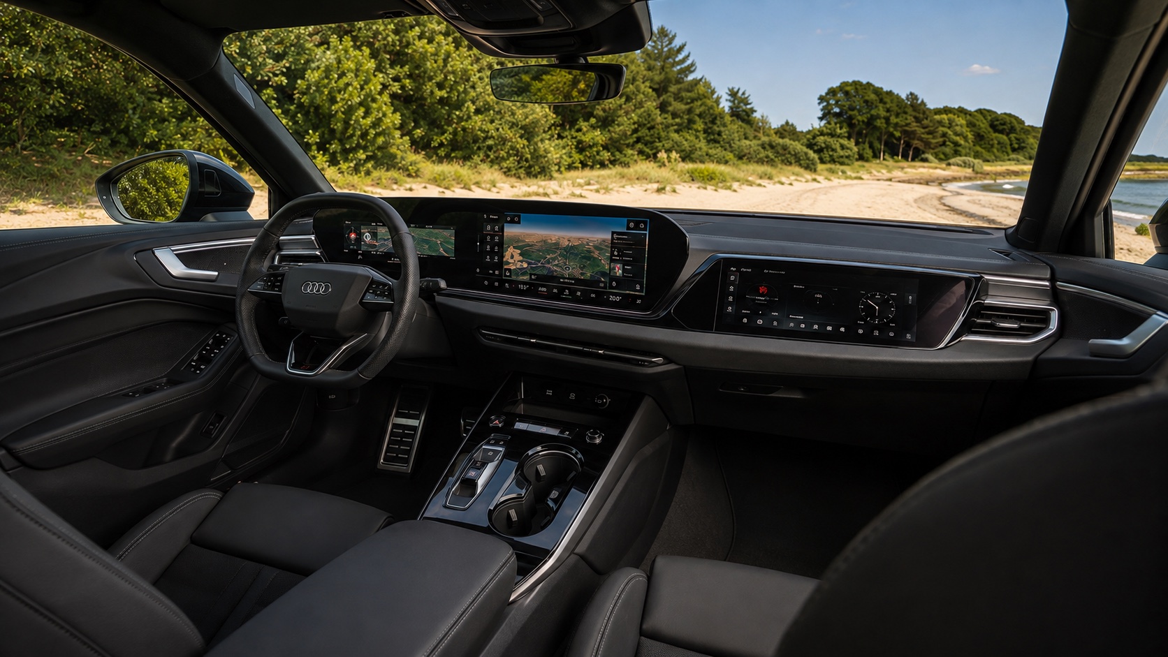 Audi A5 B10-interiør med tændt panoramadisplay og integreret passagerskærm
