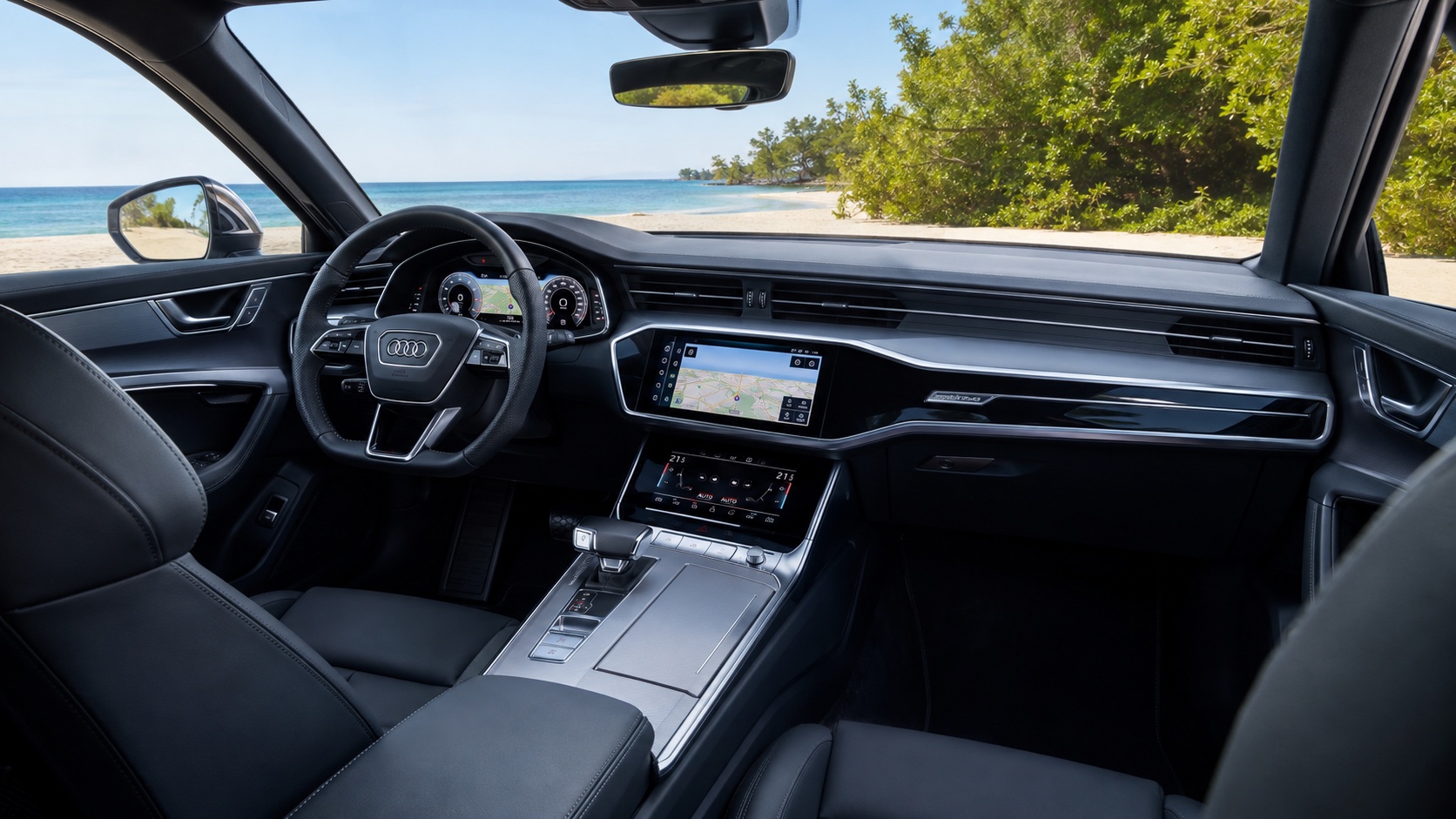 Audi A6 C8-interiør med Virtual Cockpit og begge MMI-skærme tændt