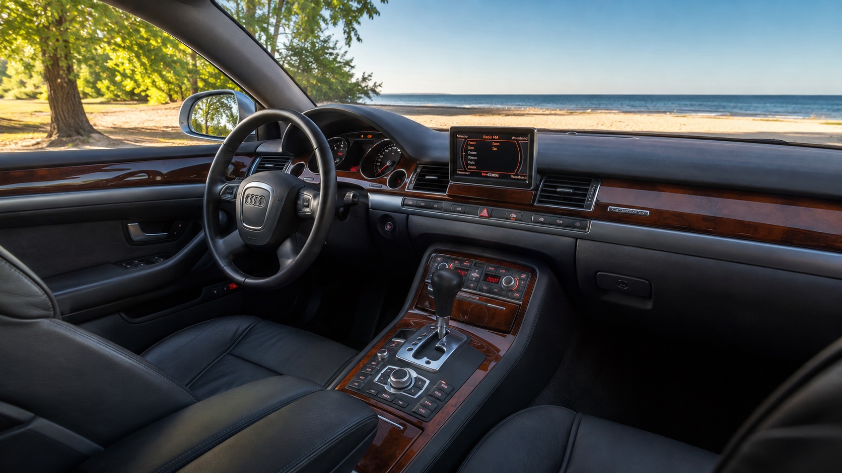 Audi A8 D3-interiør med analog instrumentering og original MMI-skærm tændt