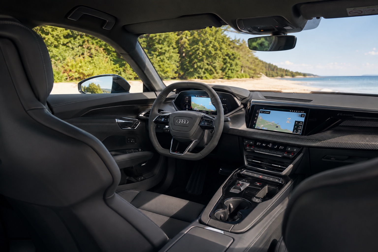 Audi e-tron GT quattro-kabine set skråt fra højre bagsæde med de fabriksmonterede skærme tændt