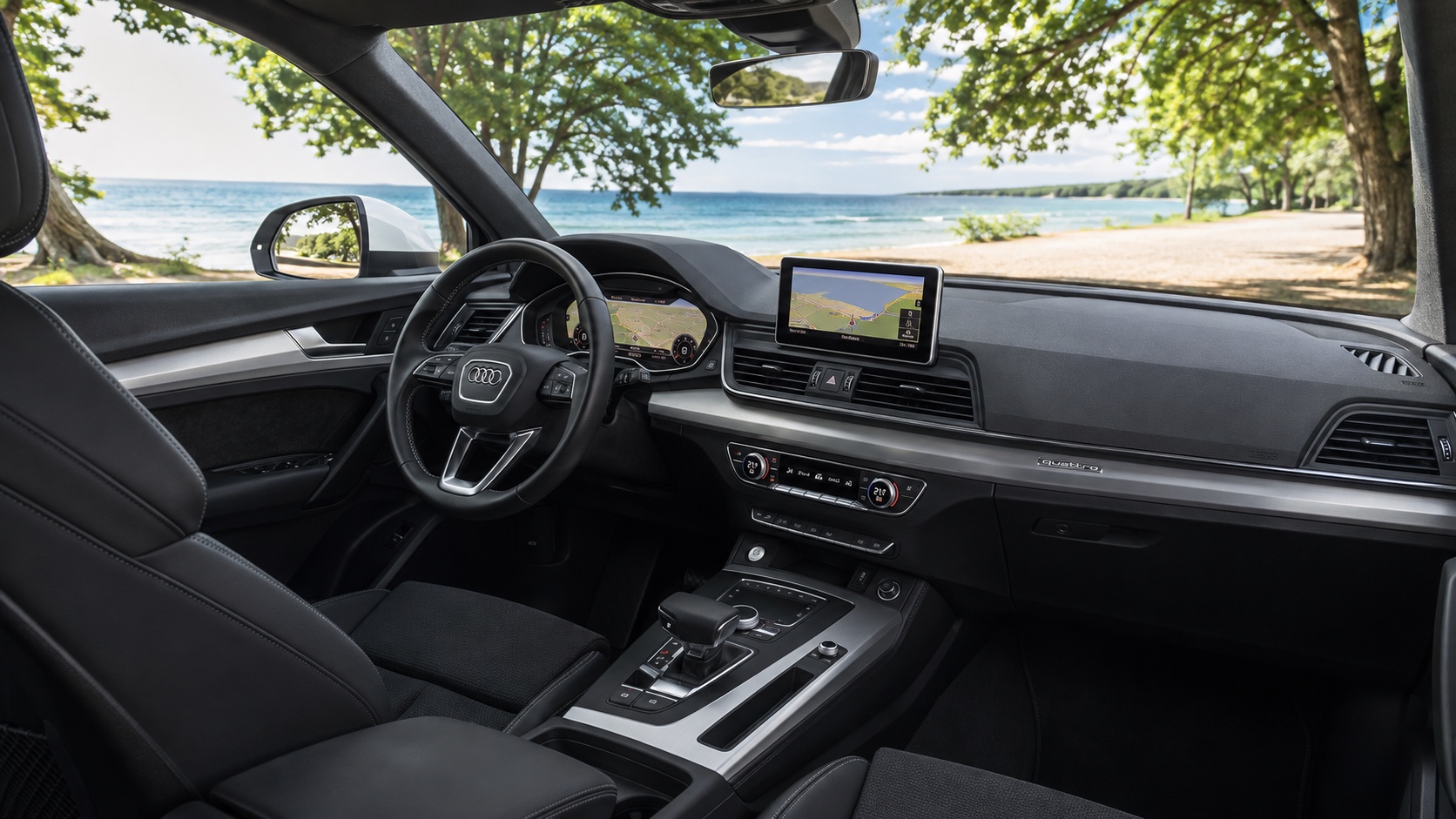 Audi Q5 FY-interiør set skråt fra højre bagsæde med Virtual Cockpit og MMI tændt