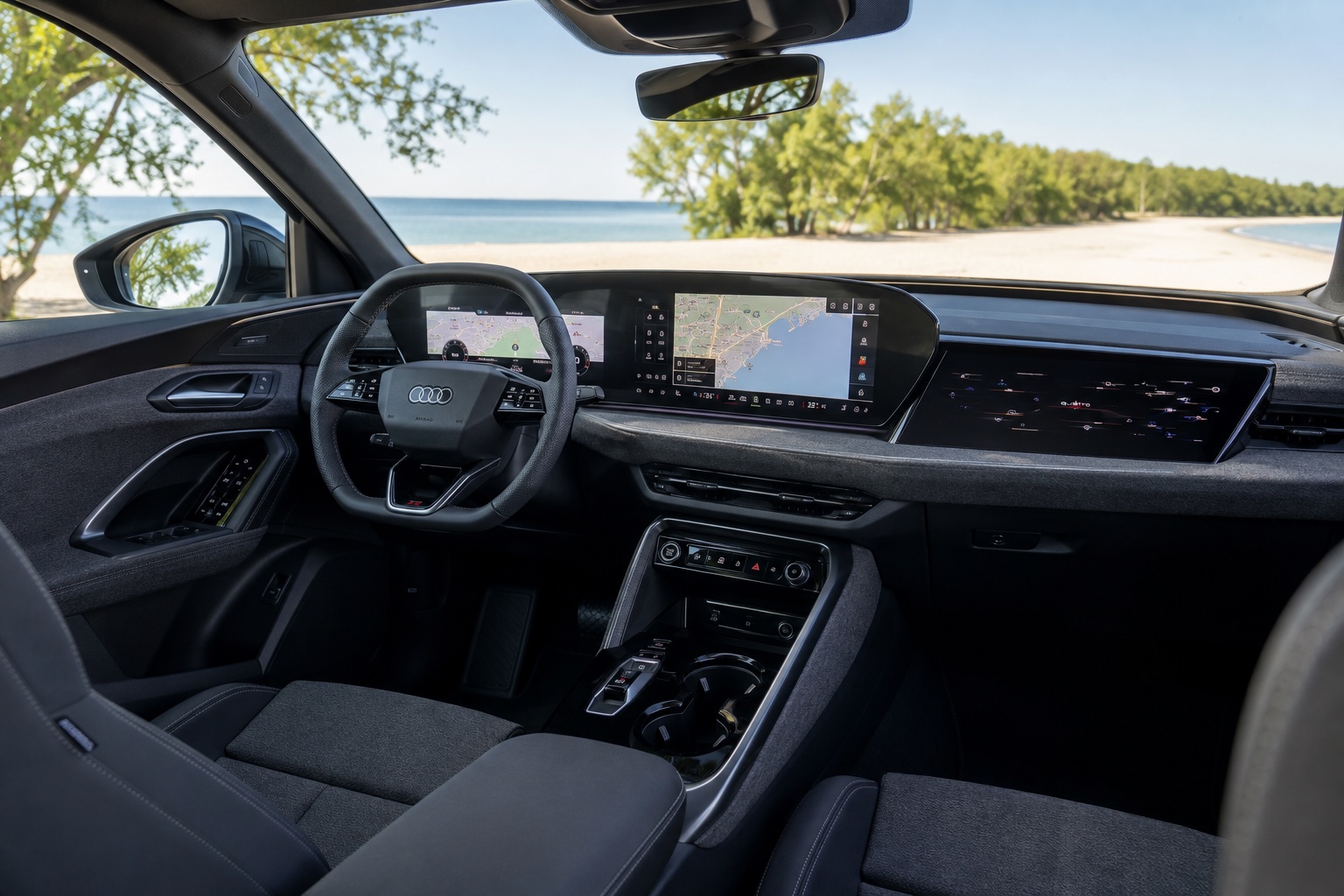 Audi Q5 GU-interiør set skråt fra højre bagsæde med MMI-panoramadisplayet tændt
