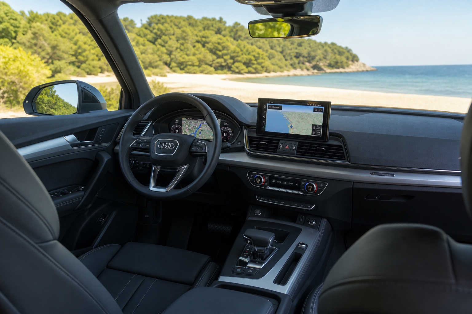 Audi Q5 Sportback FY-interiør set skråt fra højre bagsæde med Virtual Cockpit og MMI tændt