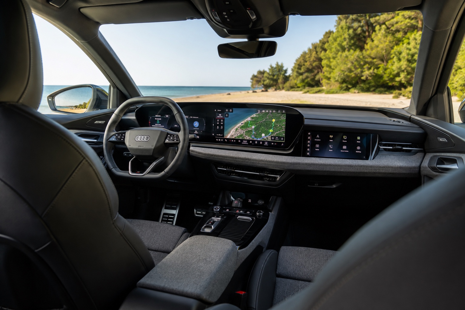 Audi Q6 Sportback e-tron-kabine set skråt fra højre bagsæde med de fabriksmonterede skærme tændt