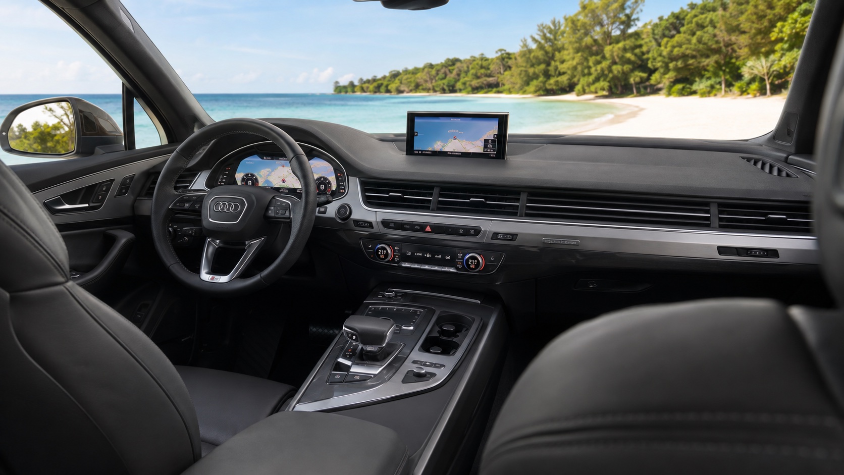 Audi Q7 4M-interiør set skråt fra højre bagsæde med Virtual Cockpit og MMI tændt