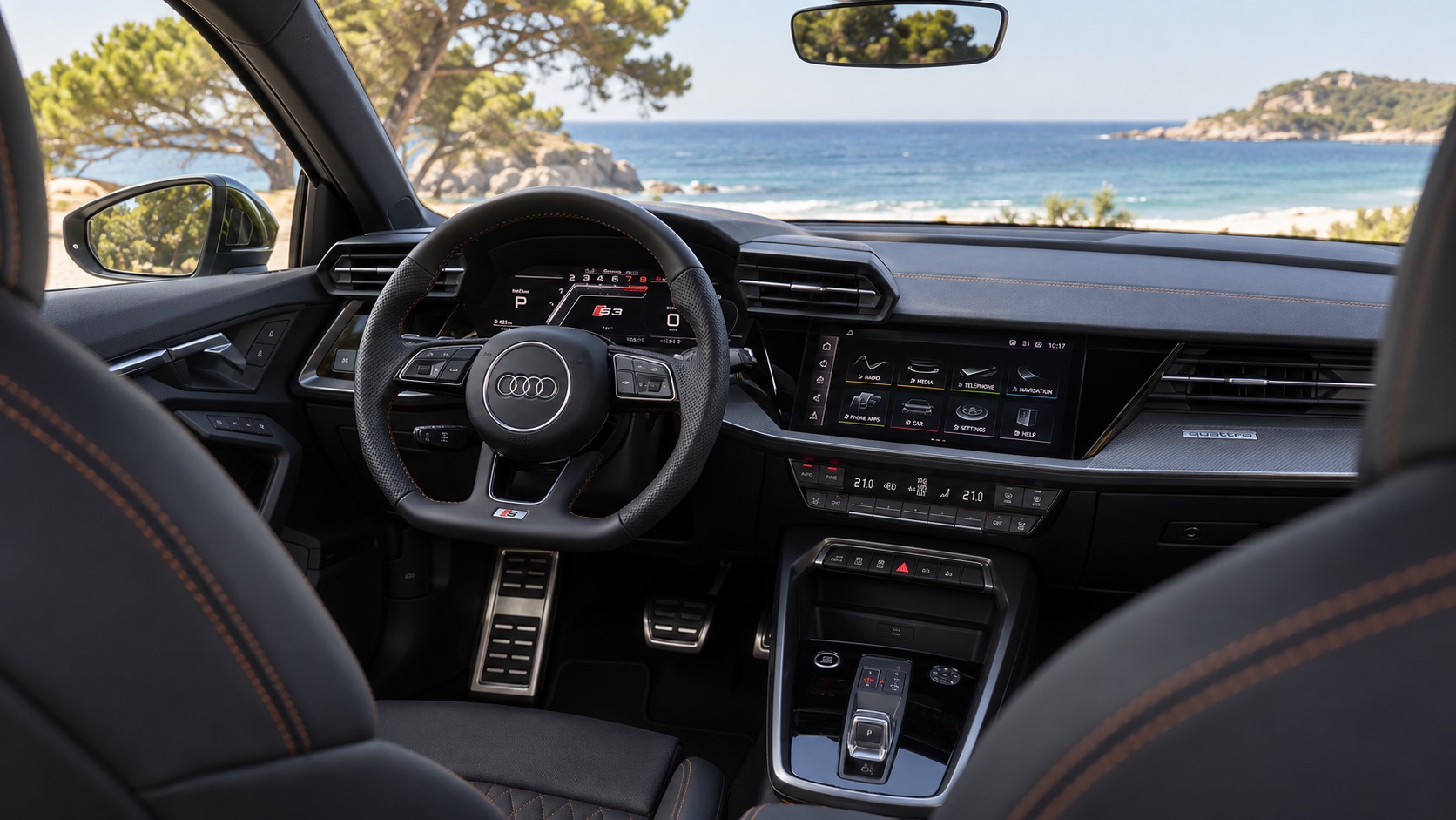 Audi S3 Sedan 8Y-interiør med digitalinstrumenter og MMI-skærm tændt