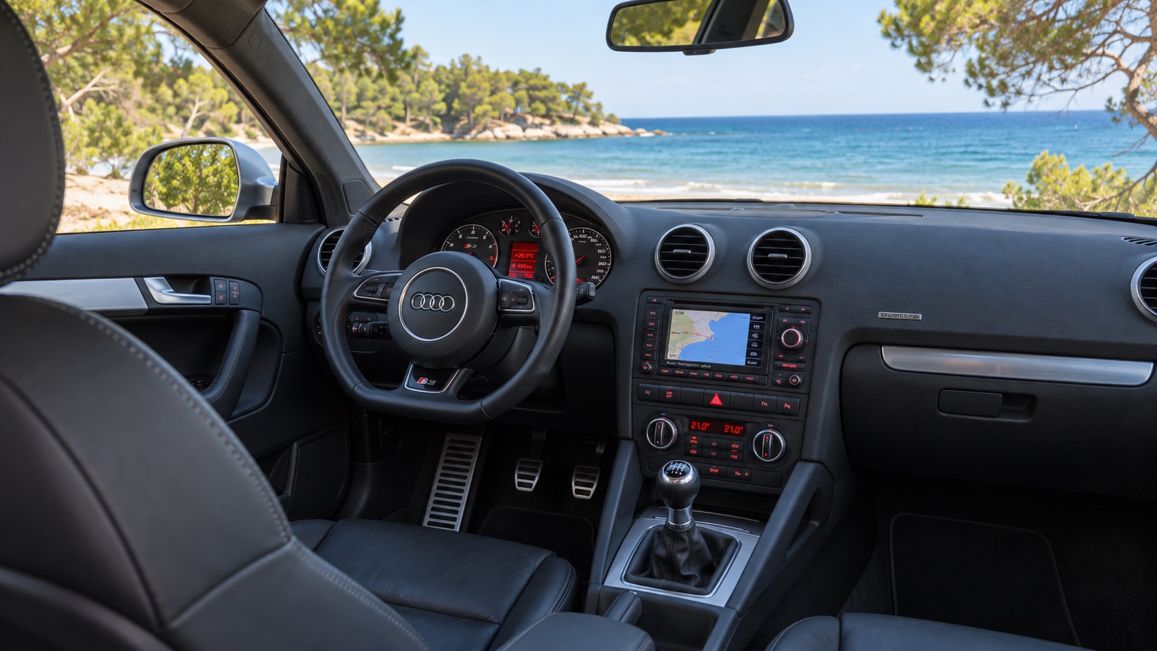 Audi S3 Sportback 8P-interiør med instrumenter og navigation tændt