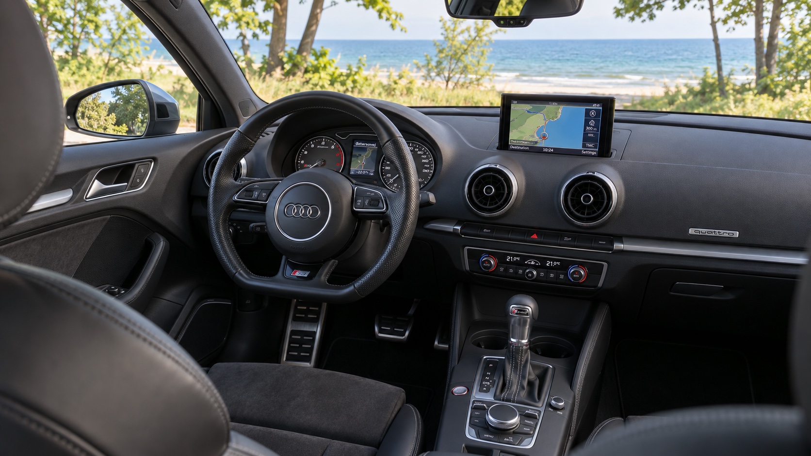 Audi S3 Sportback 8V-interiør med instrumenter og MMI-skærm tændt