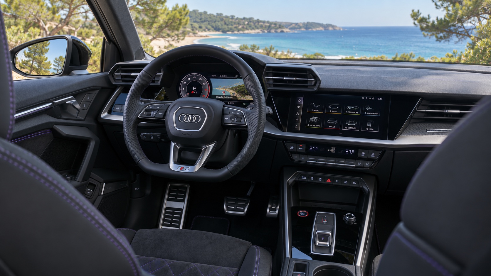 Audi S3 Sportback 8Y-interiør med digitalinstrumenter og MMI tændt