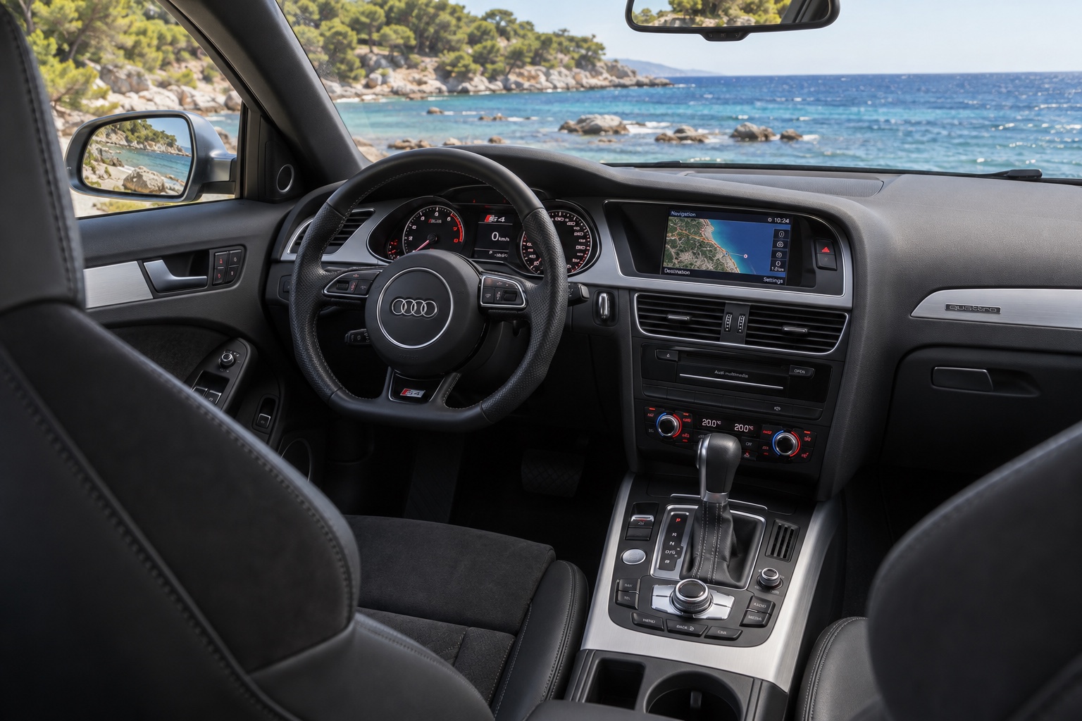 Audi S4 Avant B8-interiør med instrumenter og navigation tændt