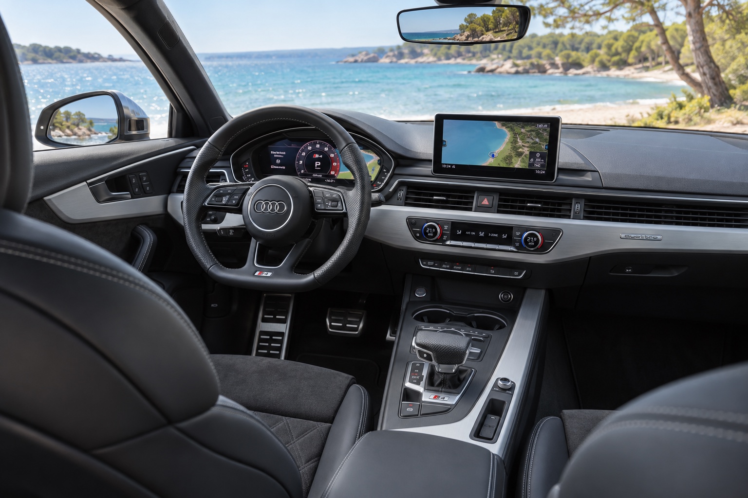 Audi S4 Avant B9-interiør med virtual cockpit og navigation tændt