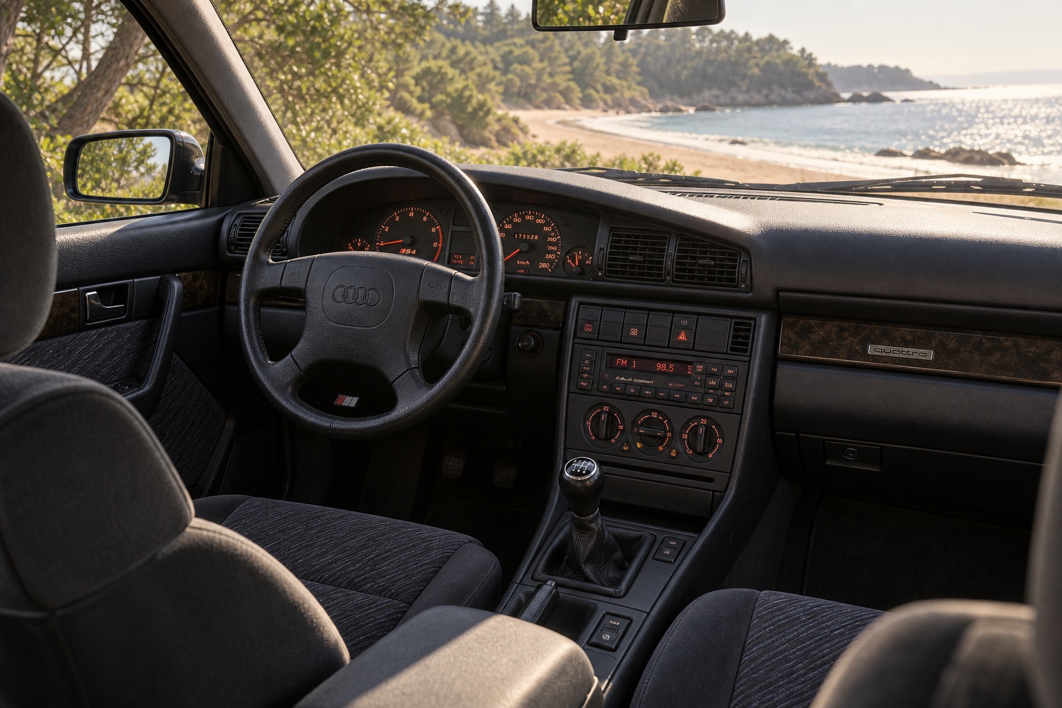 Audi S4 Avant C4-interiør med belyste instrumenter og radio