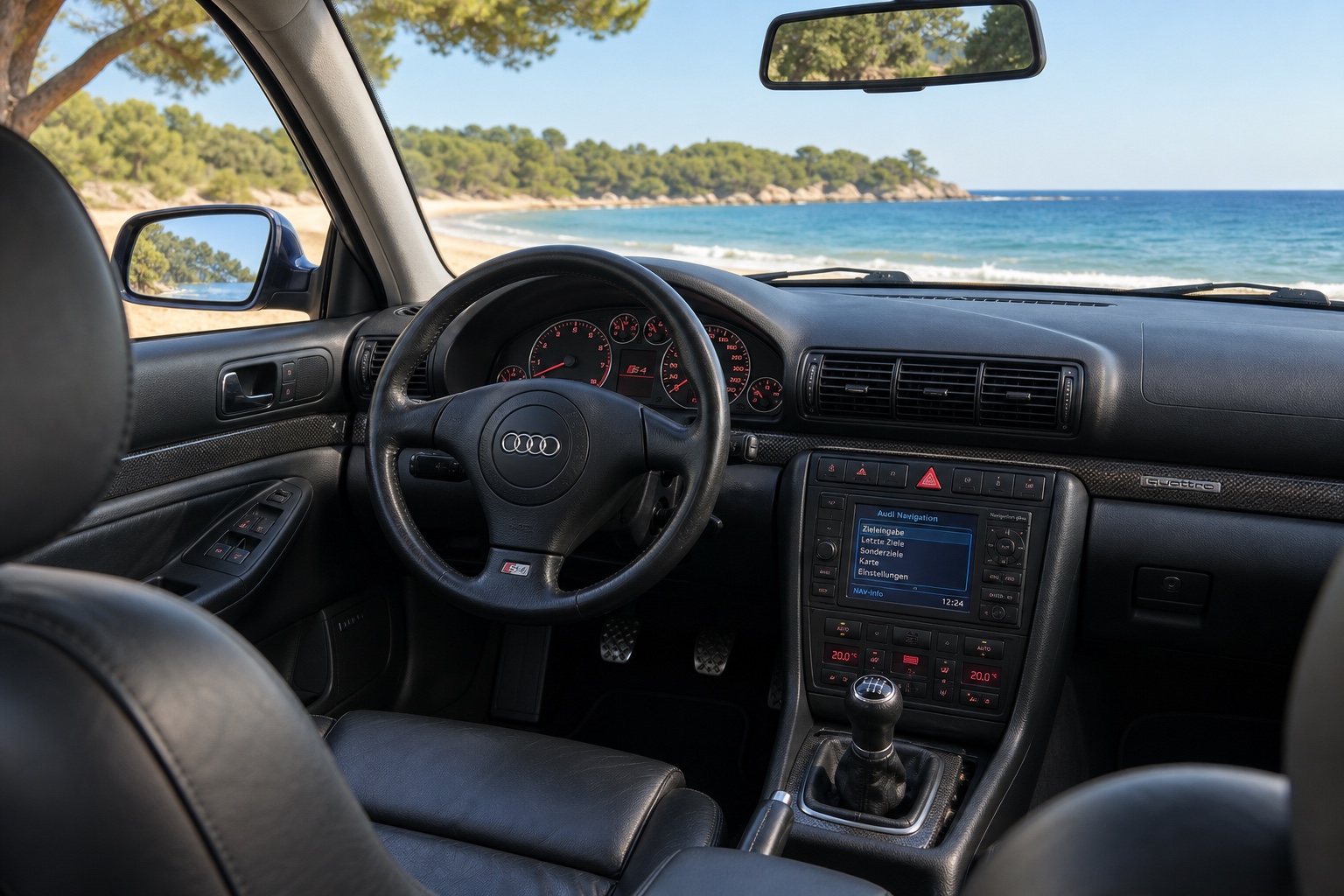 Audi S4 Sedan B5-interiør med instrumenter og navigation tændt