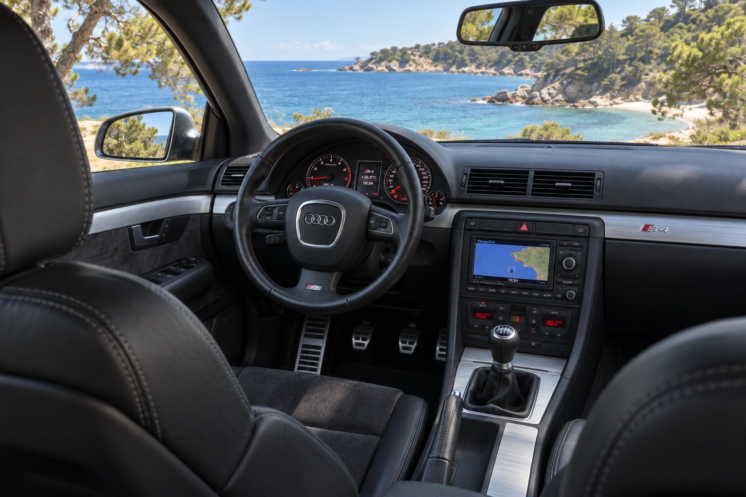 Audi S4 Sedan B7-interiør med instrumenter og navigation tændt