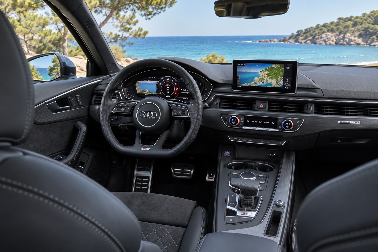 Audi S4 Sedan B9-interiør med virtual cockpit og navigation tændt