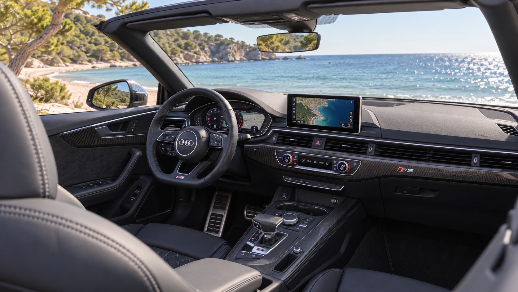 Audi S5 Cabriolet F5-interiør med tændte instrumenter og navigationsskærm