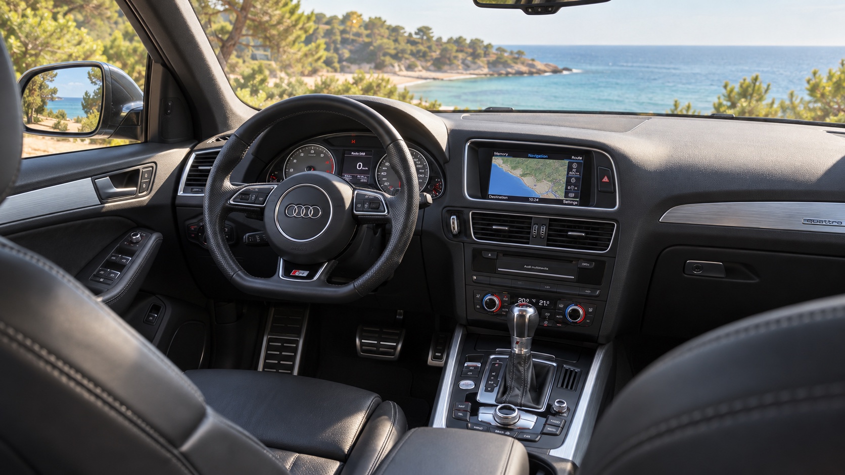 Audi SQ5 8R-interiør med tændte analoge instrumenter og MMI-skærm