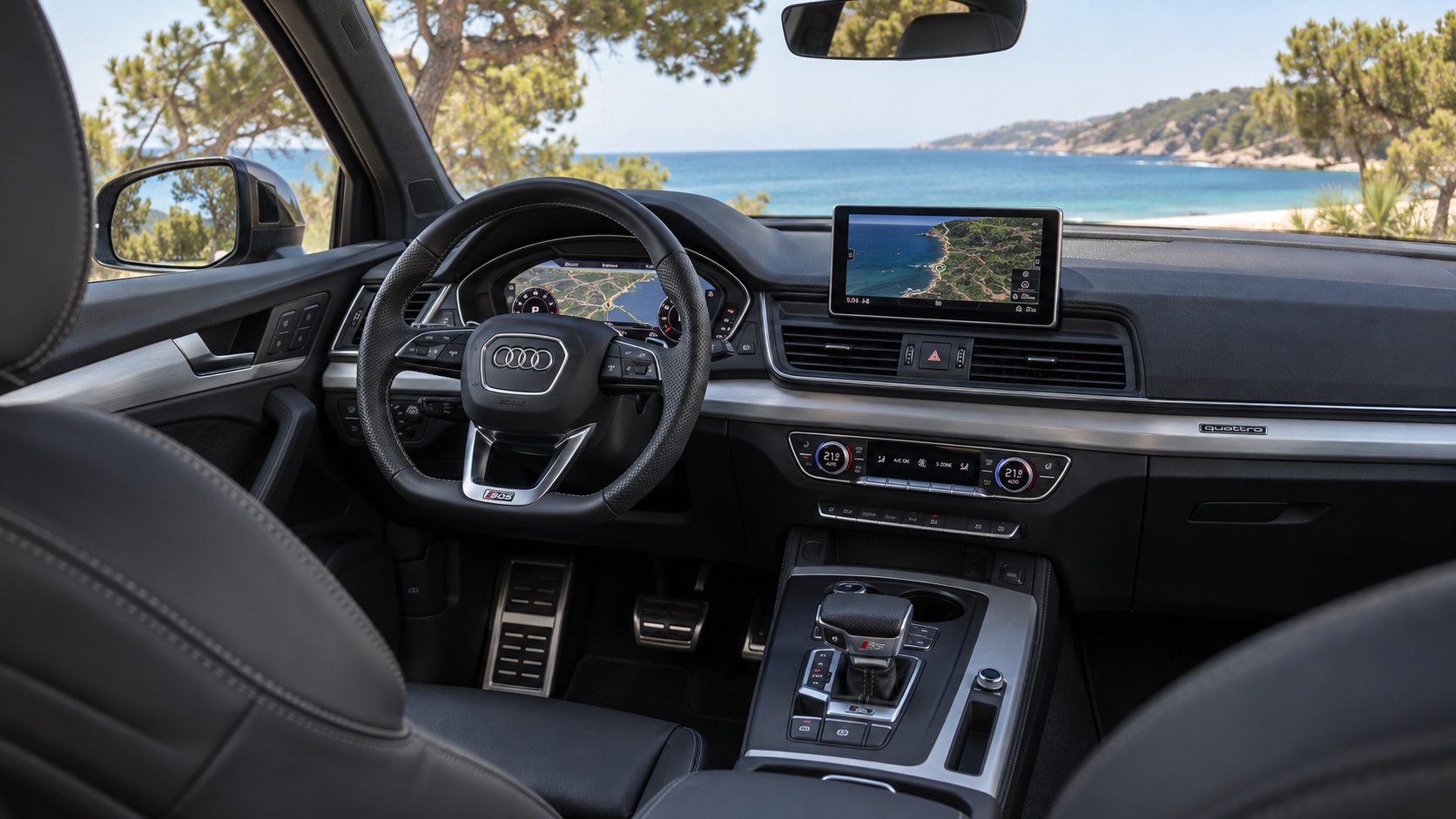Audi SQ5 FY-interiør med tændt Virtual Cockpit og MMI-skærm