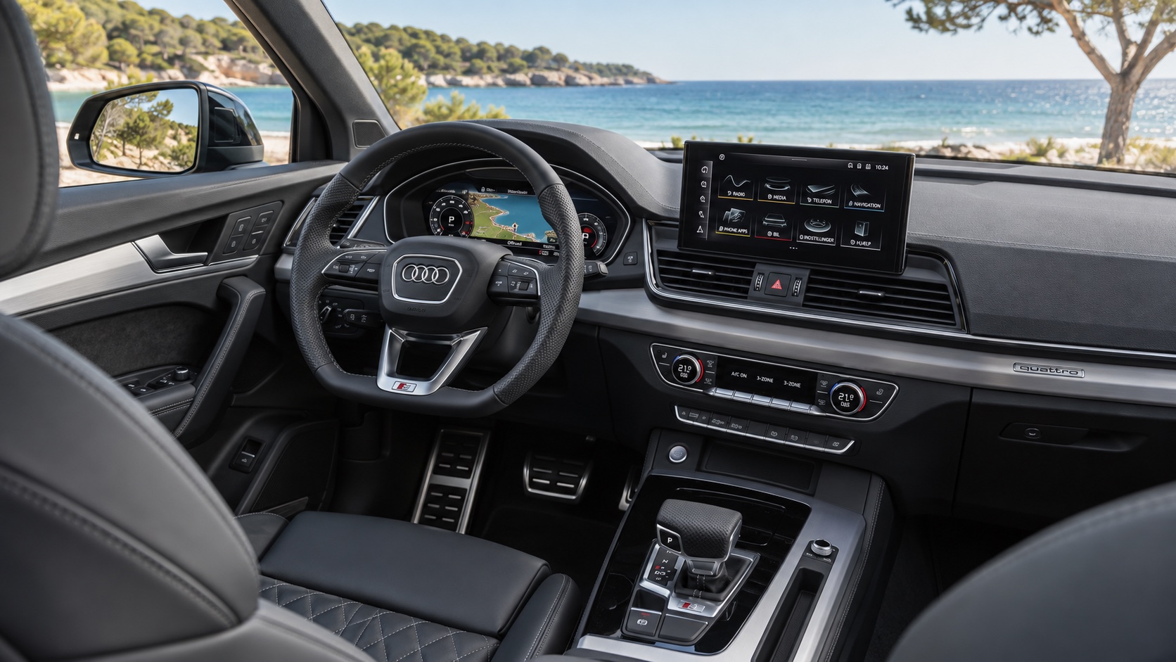 Audi SQ5 Sportback FY-interiør set skråt fra højre bagsæde med instrumenter og MMI-skærm tændt
