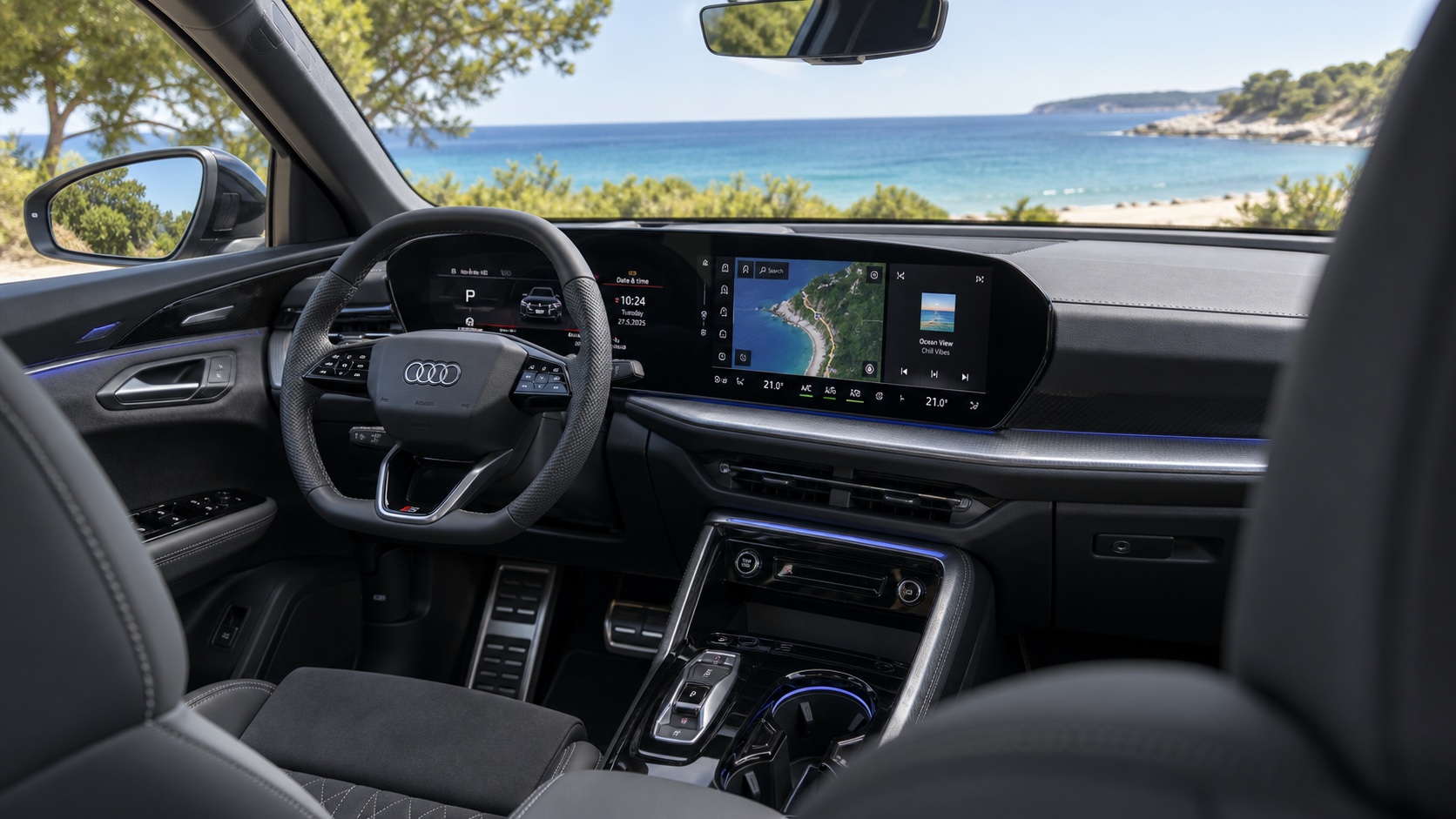 Audi SQ5 Sportback GU-interiør set skråt fra højre bagsæde med panoramadisplayet tændt