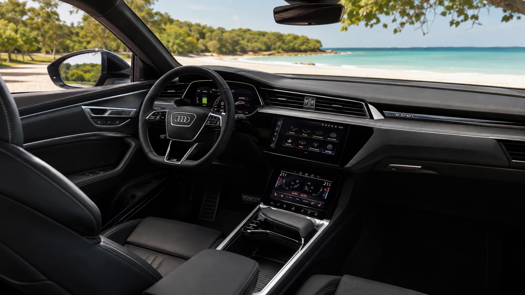 Audi SQ8 Sportback e-tron-kabine set skråt fra højre bagsæde med fabriksmonterede skærme tændt