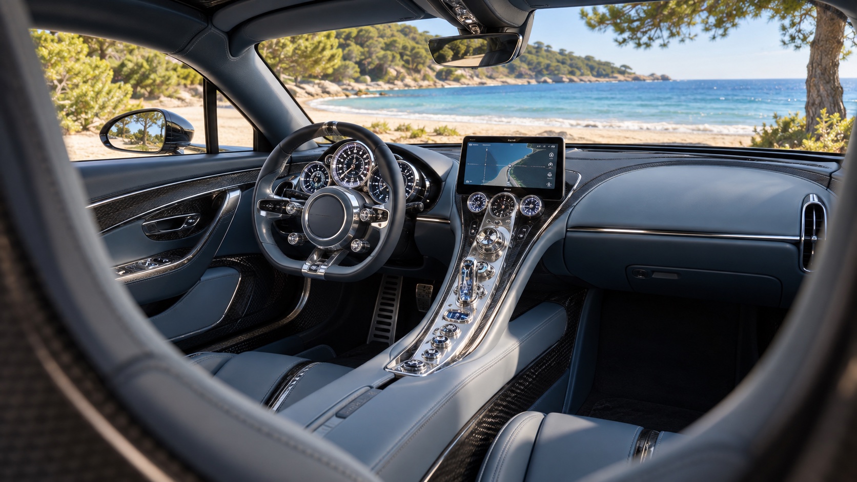 Bugatti Tourbillon interiør med tændte instrumenter og central skærm