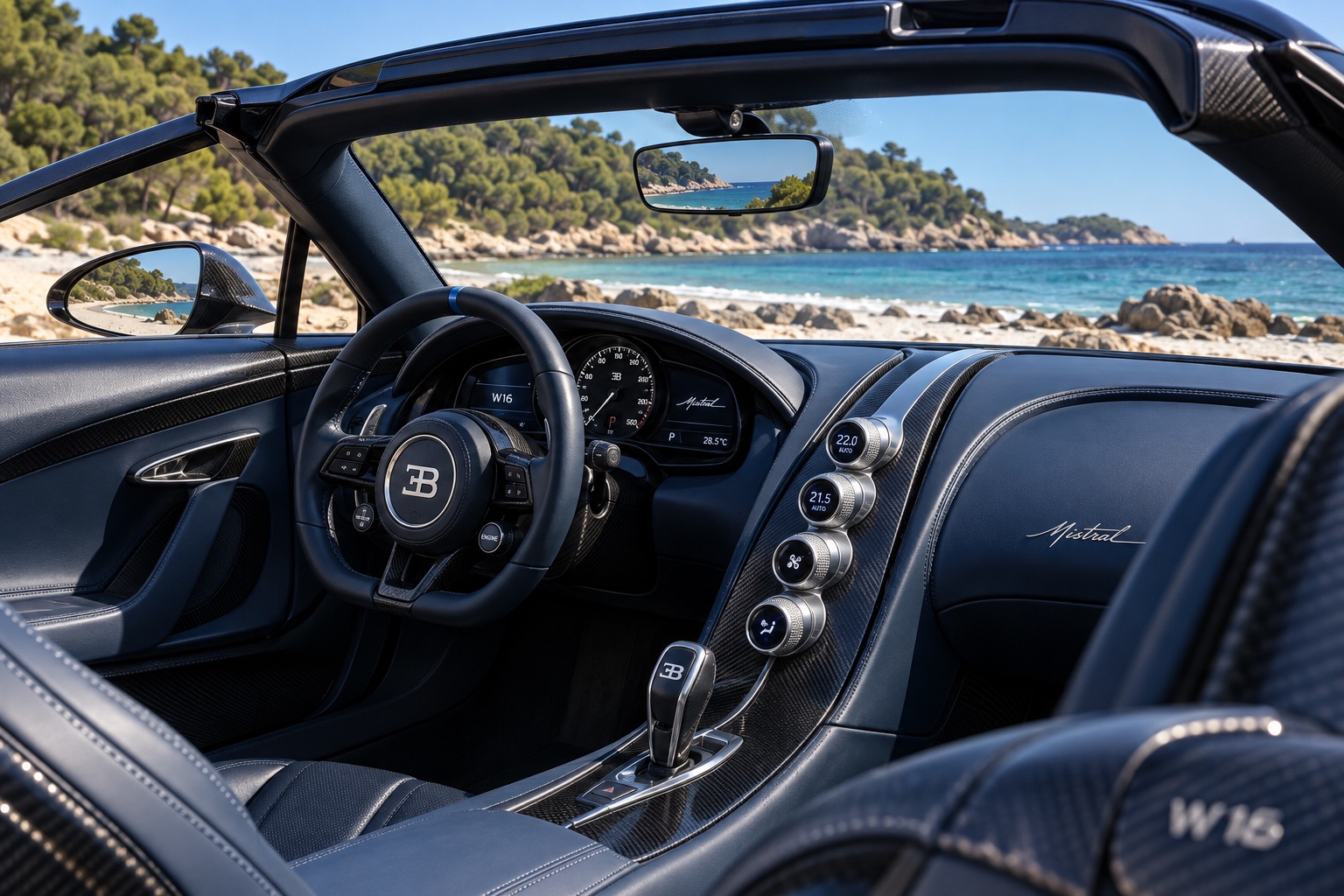 Bugatti W16 Mistral-interiør med tændte instrumenter