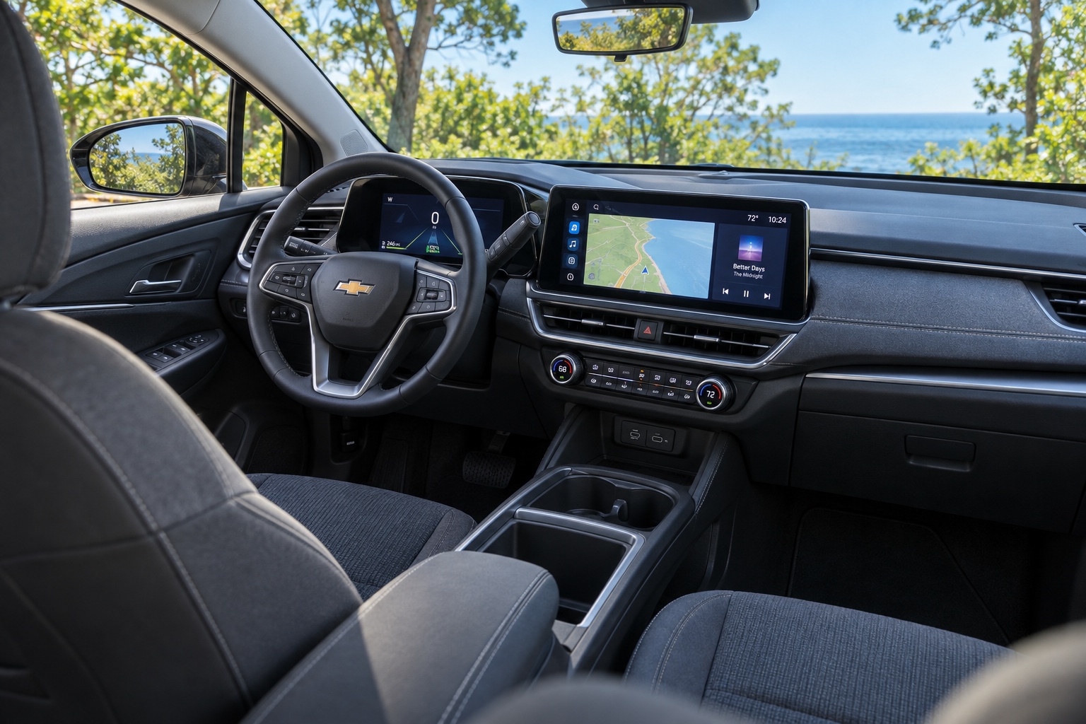 Chevrolet Bolt-interiør med begge digitale skærme tændt