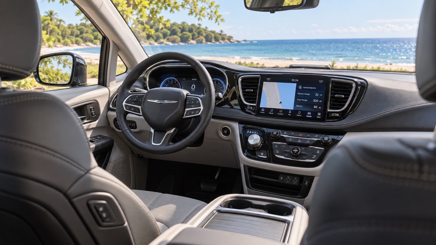 Chrysler Pacifica Plug-in Hybrid interiør med tændte skærme