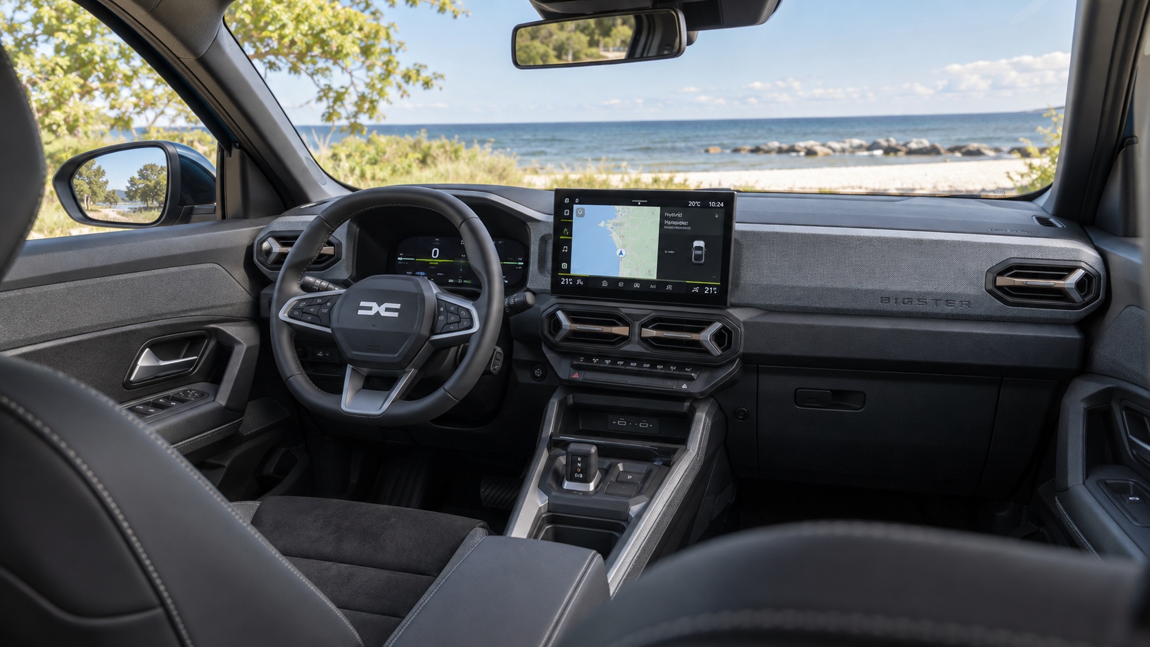 Dacia Bigster-interiør med digital førerskærm og multimedieskærm tændt