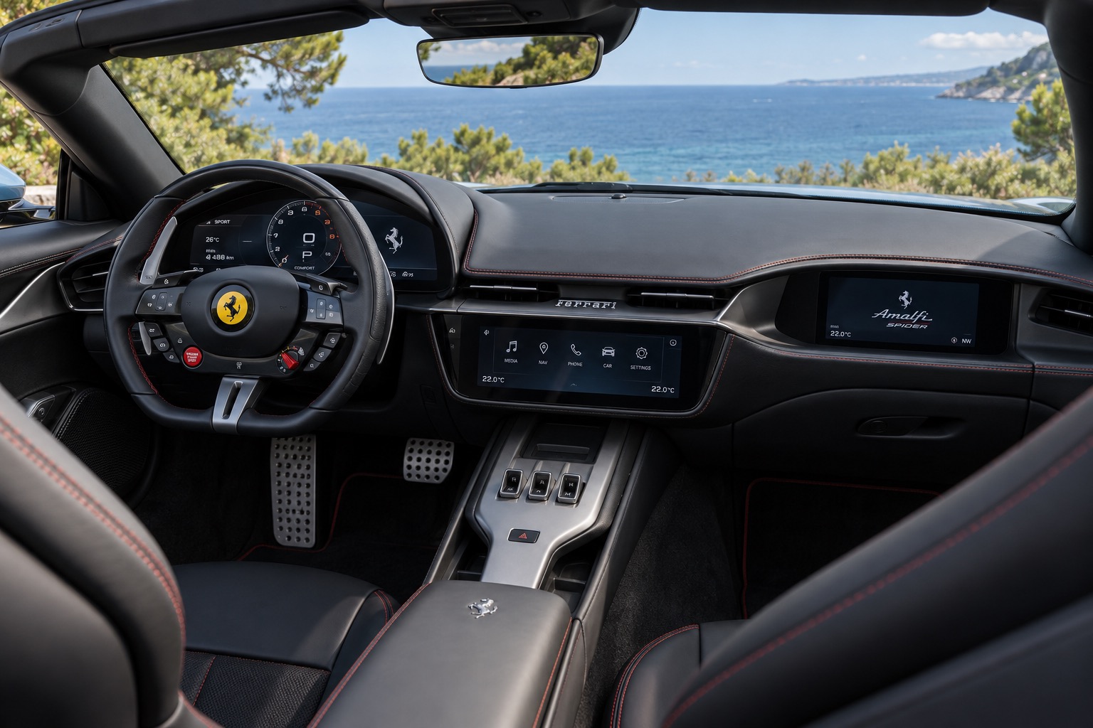 Ferrari Amalfi Spider med digital instrumentering, fysiske ratknapper og vandret centerskærm set fra højre bagsæde