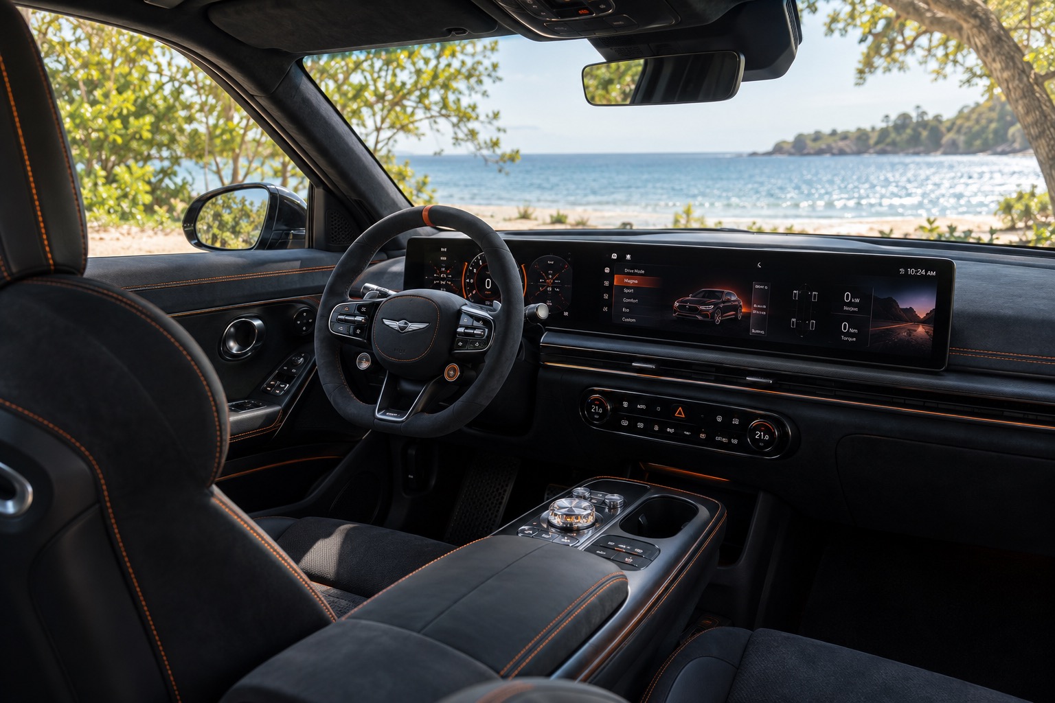 Genesis GV60 Magma-kabine med tændt panoramaskærm