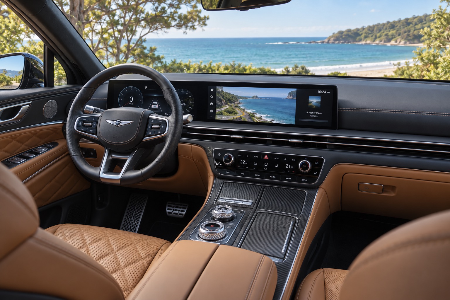 Genesis GV80 Coupé med læder, bredt OLED-display og drejeknapper set fra højre bagsæde