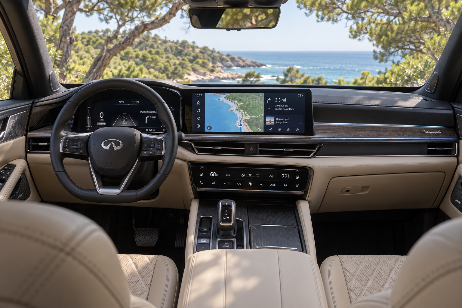 Infiniti QX65 med lyse lædersæder og tændte digitale skærme set fra højre bagsæde