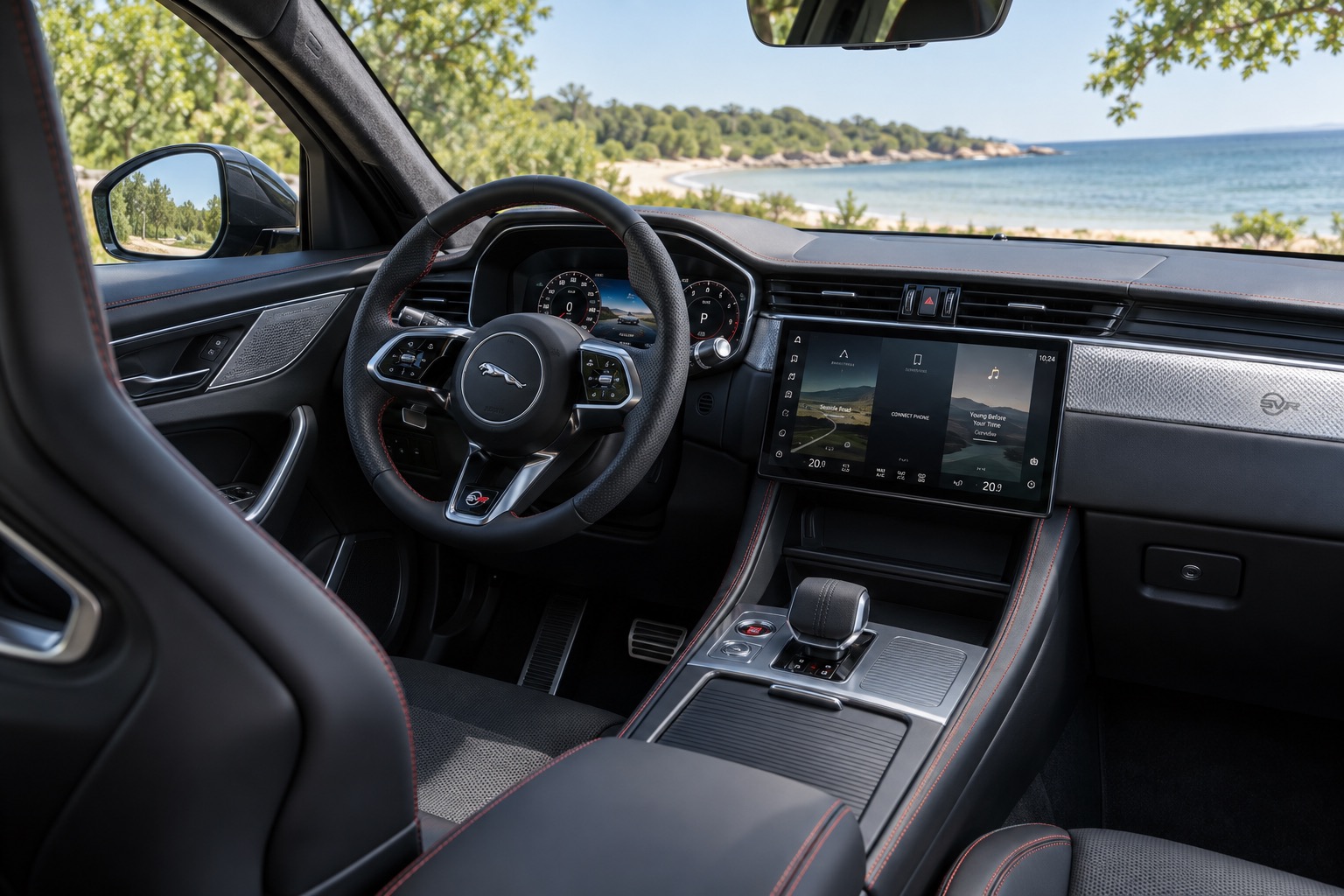 Kabinen i Jaguar F-Pace SVR 575 Edition med tændte skærme
