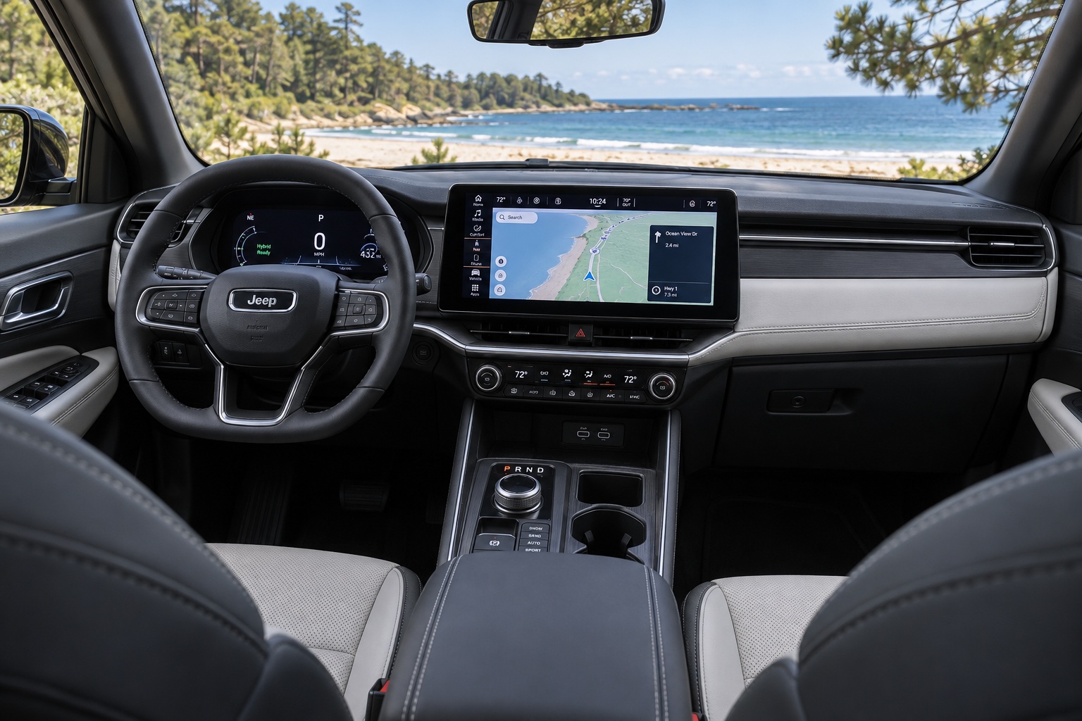 Jeep Cherokee Turbo Hybrid med digital instrumentering og tændt Uconnect-skærm set fra højre bagsæde