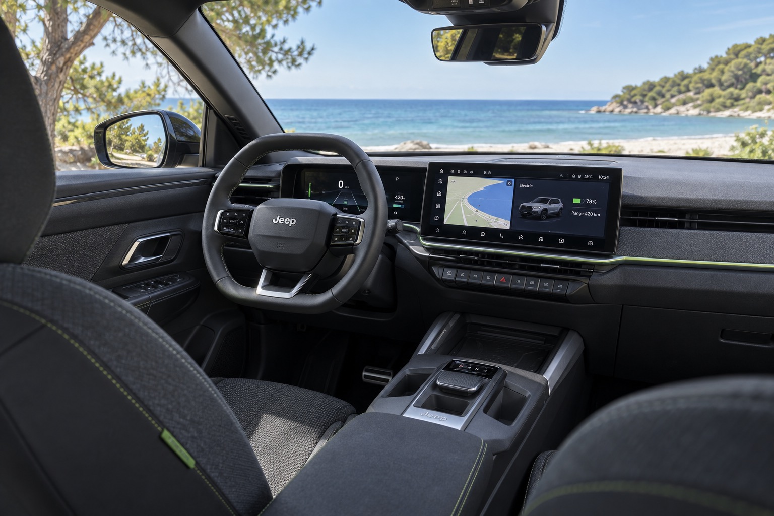 Kabinen i Jeep Compass Electric med tændte digitale skærme