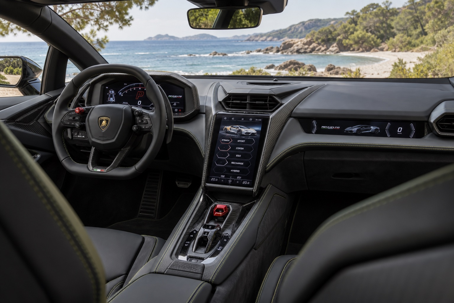 Lamborghini Revuelto med tre tændte skærme og mørkt interiør set fra kabinens højre side