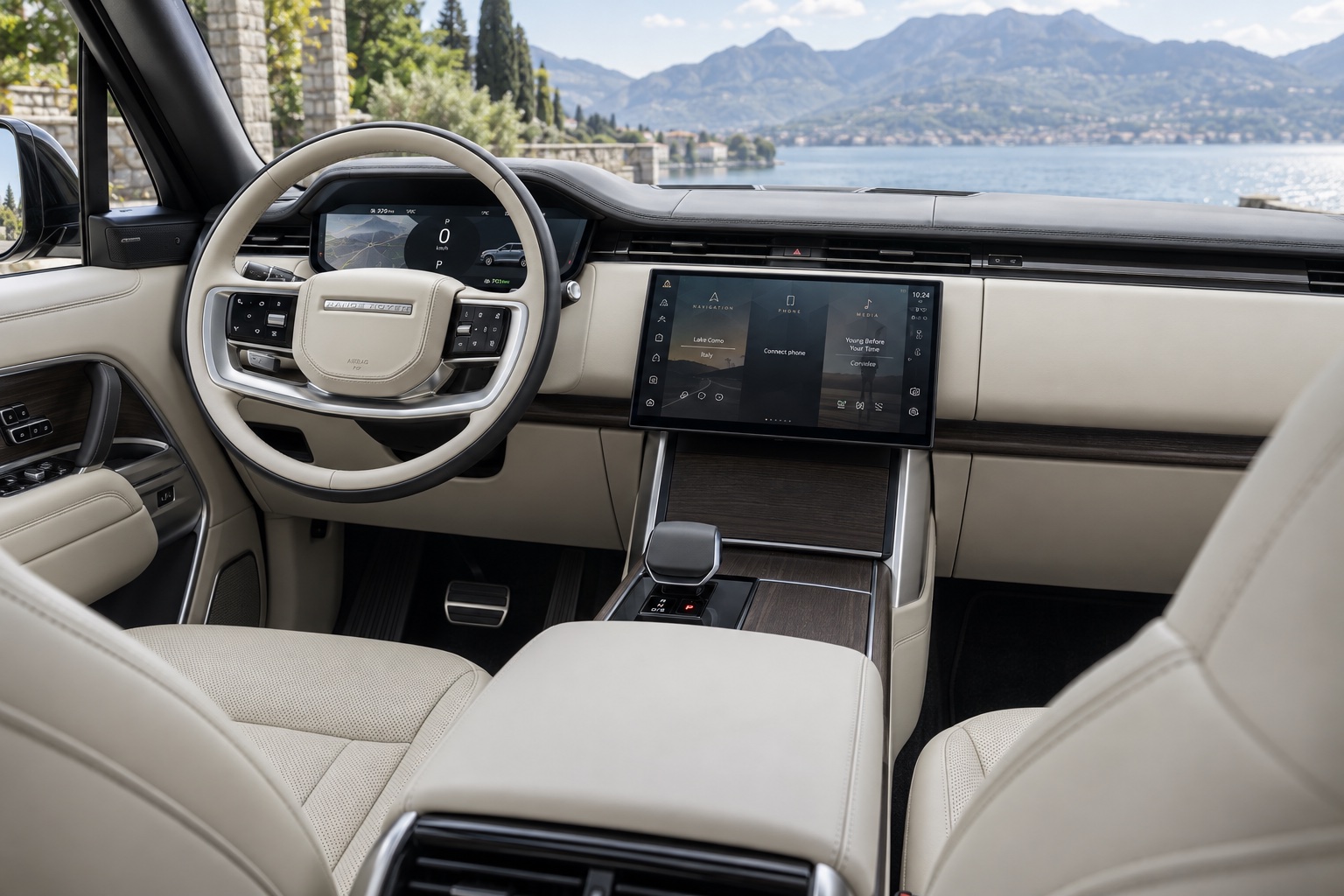 AI-illustration af Range Rover L460-kabinen med lys indtræk og central touchskærm