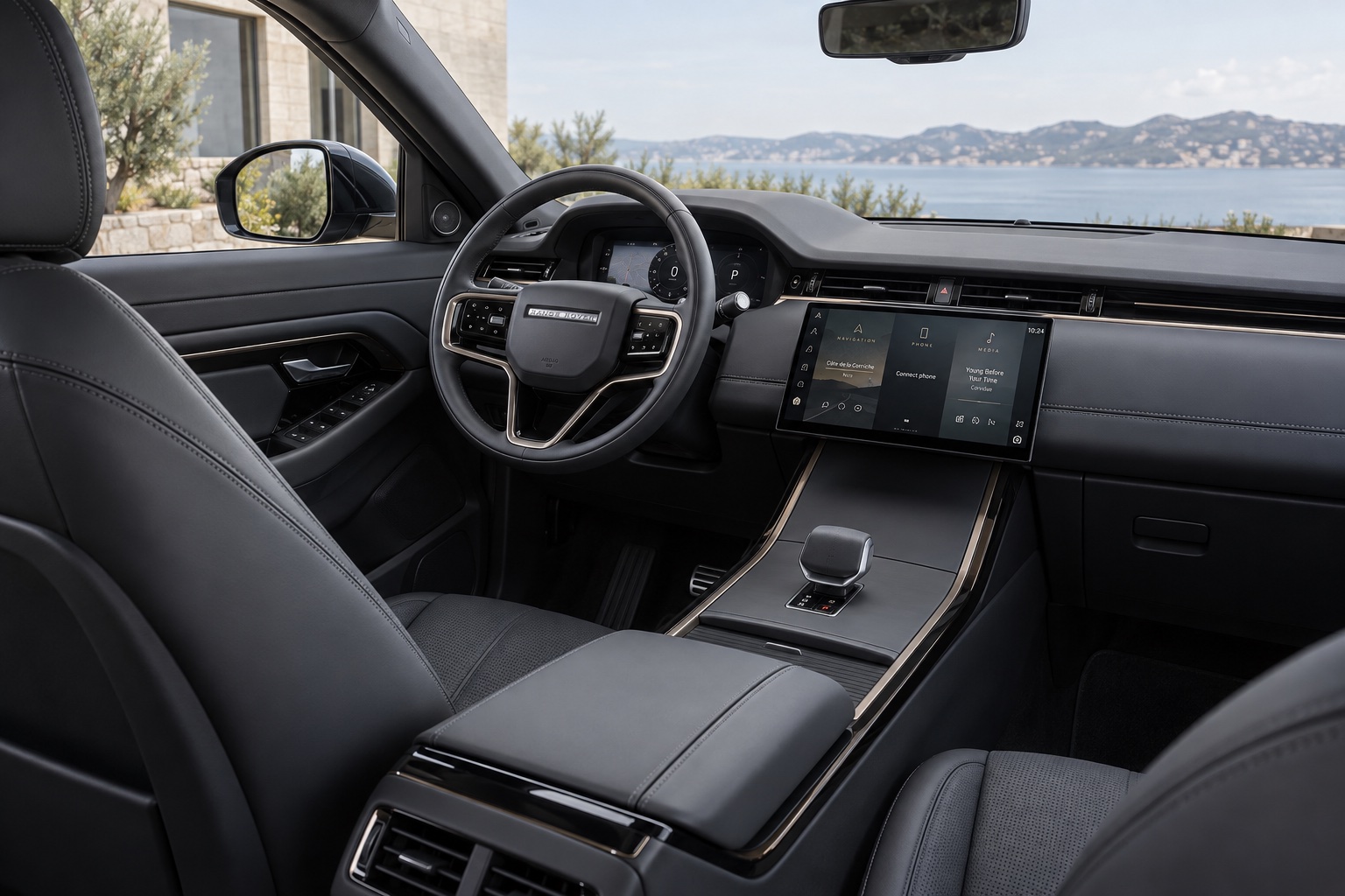 AI-illustration af Range Rover Evoque L551-kabinen med mørkt indtræk og central touchskærm