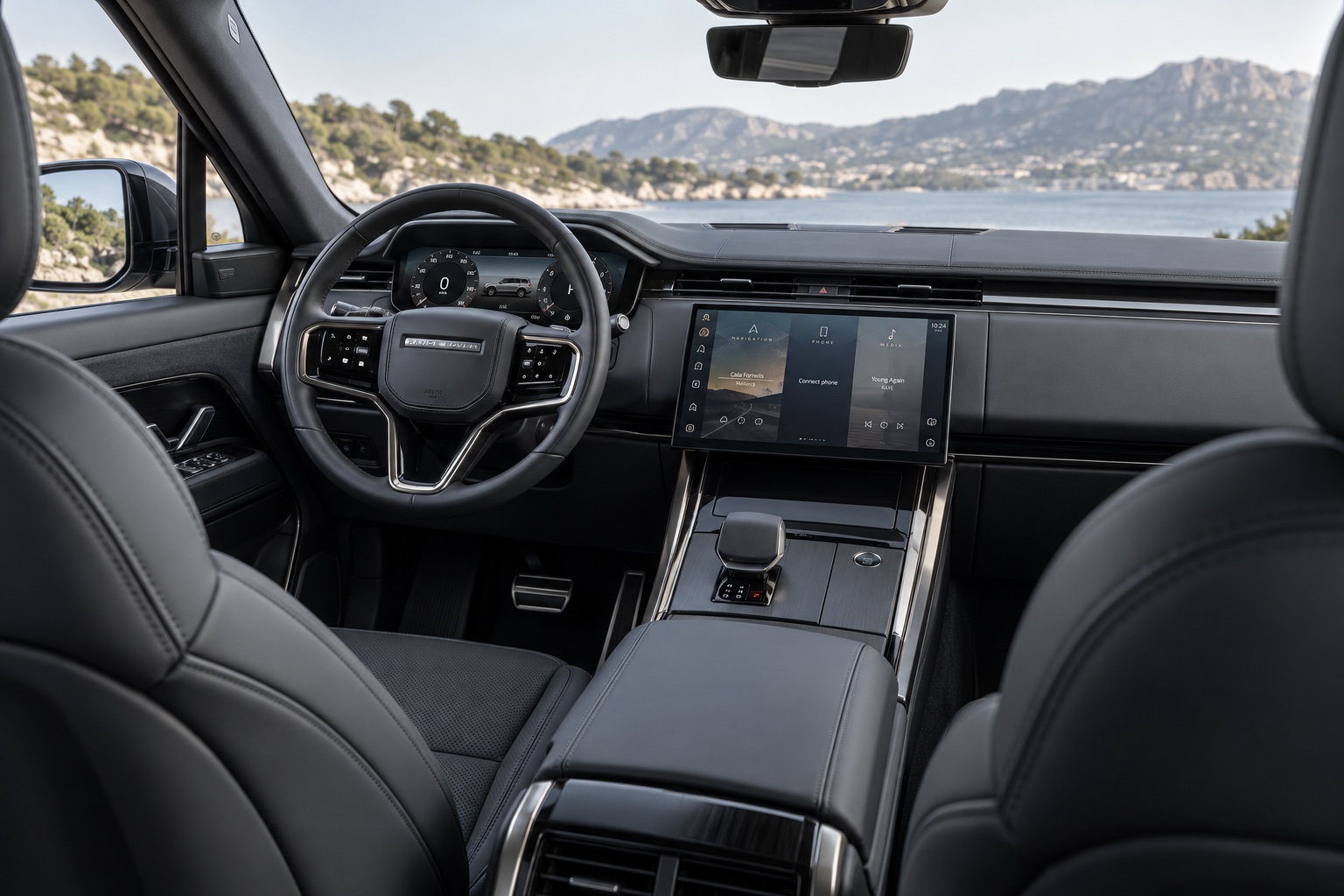 AI-illustration af Range Rover Sport L461-kabinen med mørkt indtræk og central touchskærm