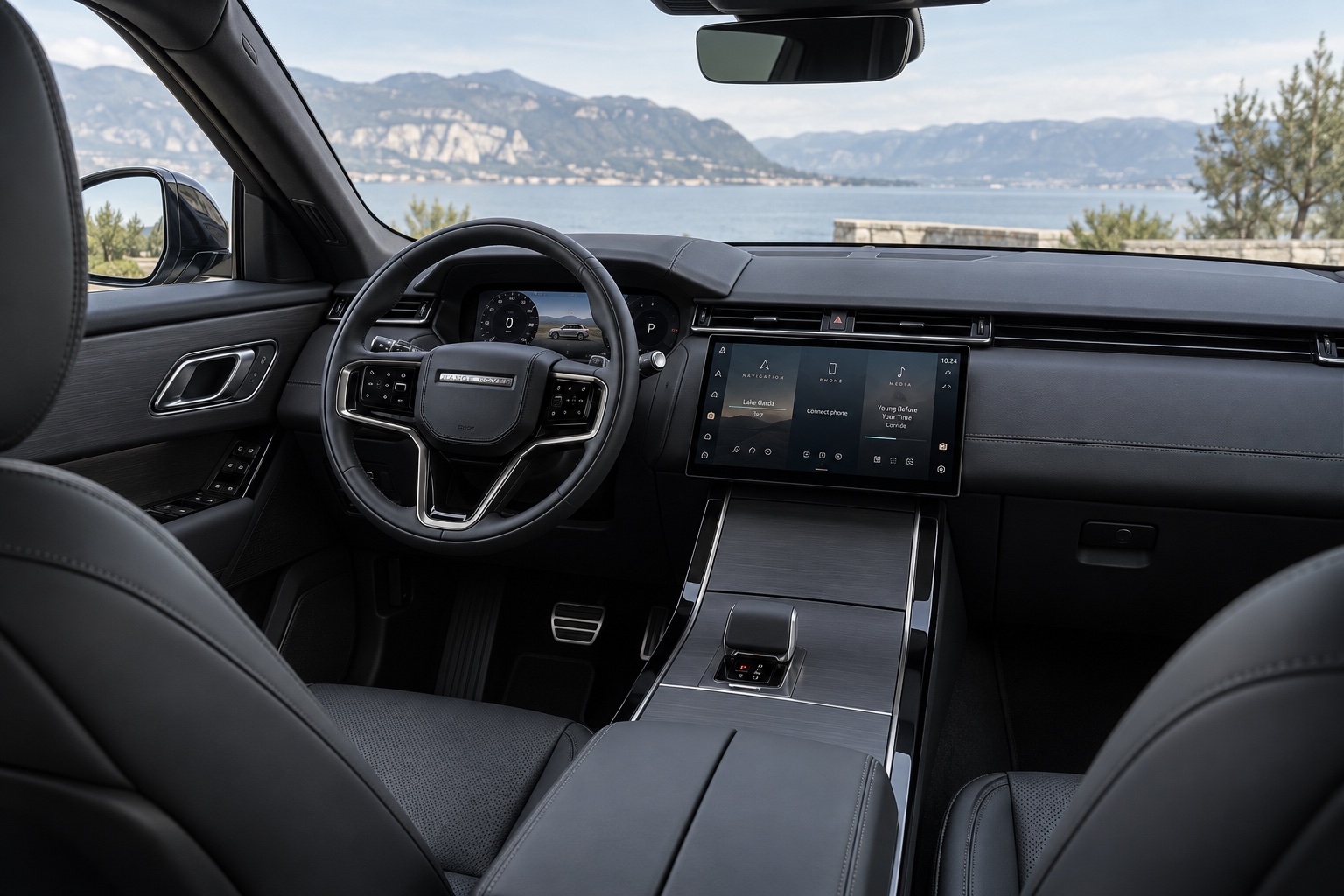 AI-illustration af Range Rover Velar L560-kabinen med mørkt indtræk og central touchskærm