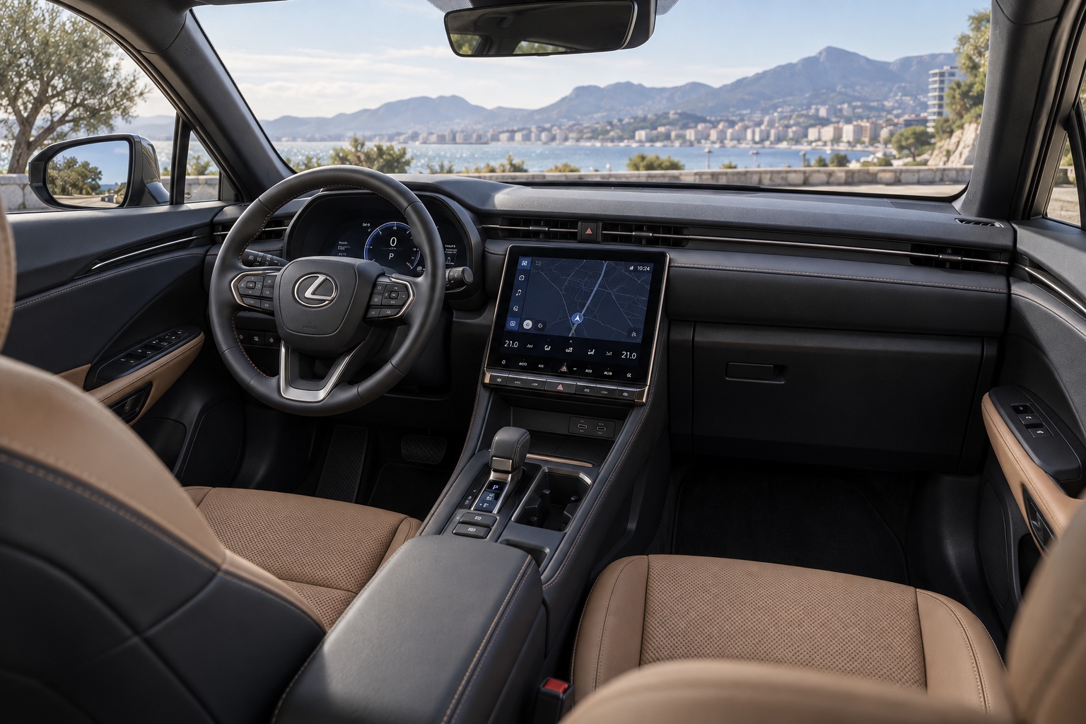 AI-illustration af Lexus LBX-kabine med central touchskærm