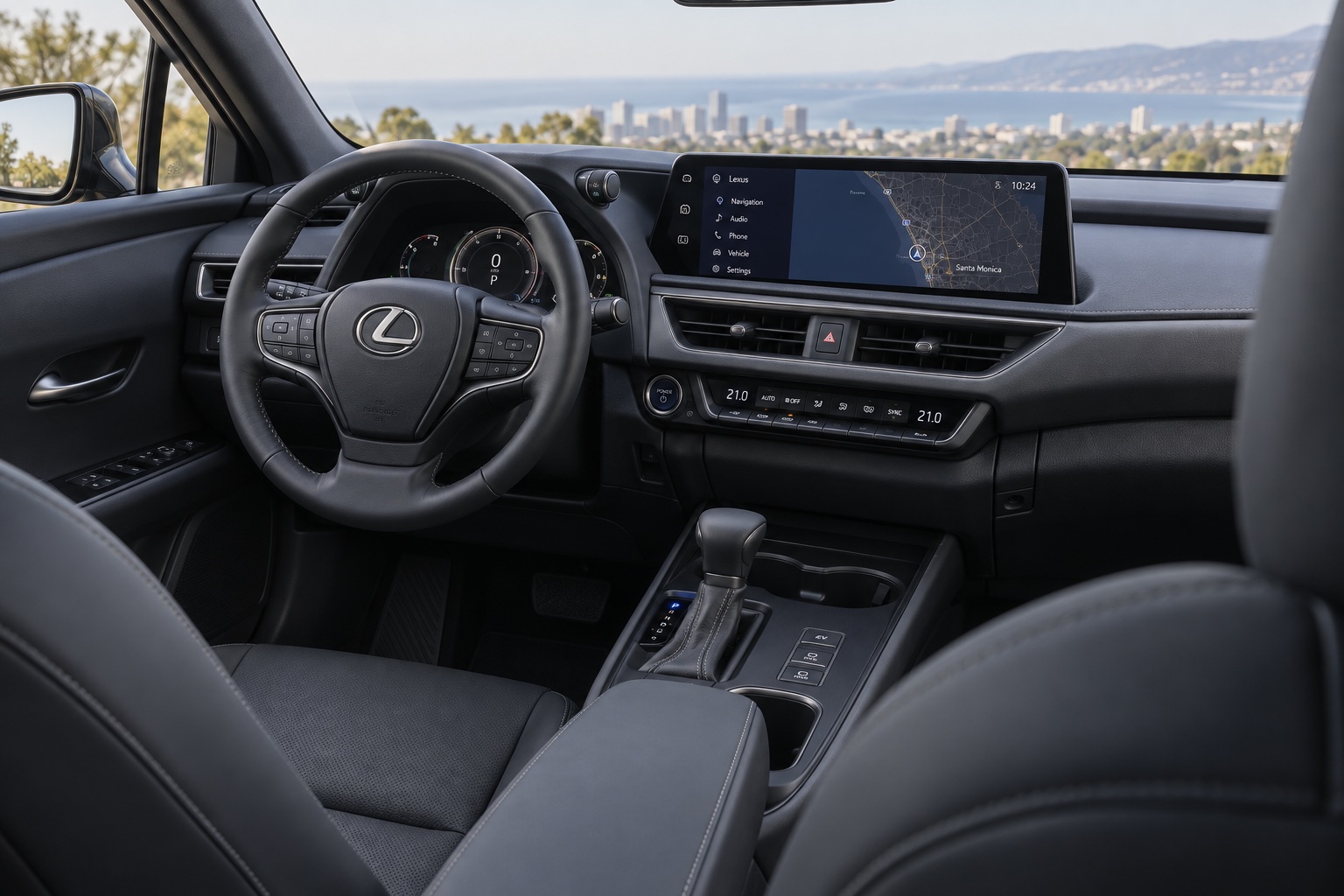 AI-illustration af Lexus UX 300h-kabine med stor central touchskærm