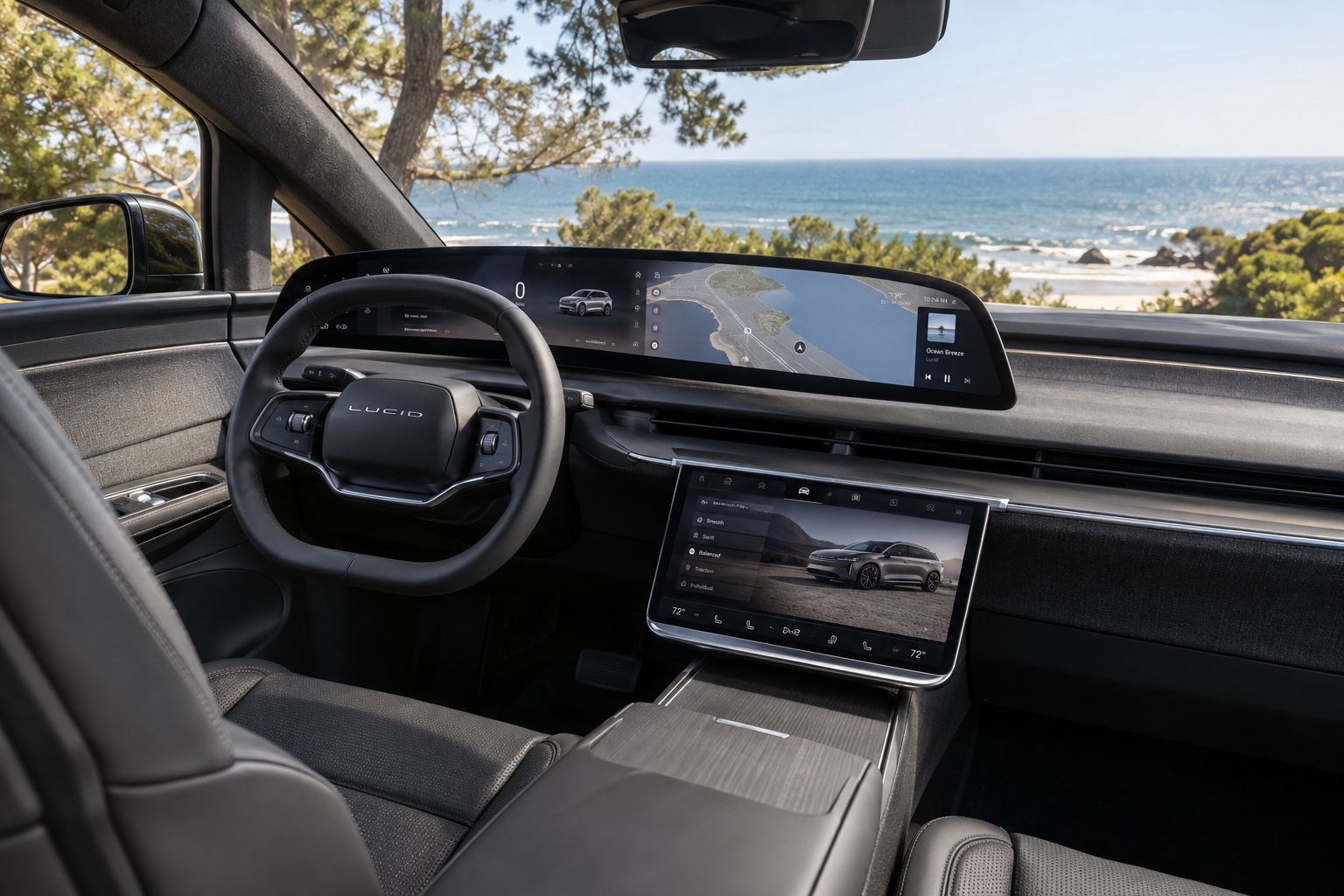 Kabinen i Lucid Gravity Grand Touring med tændte digitale skærme
