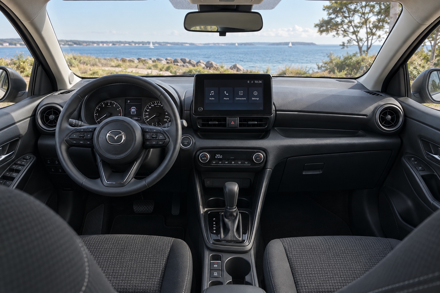 AI-illustration af Mazda2 Hybrid Prime-Line-kabine