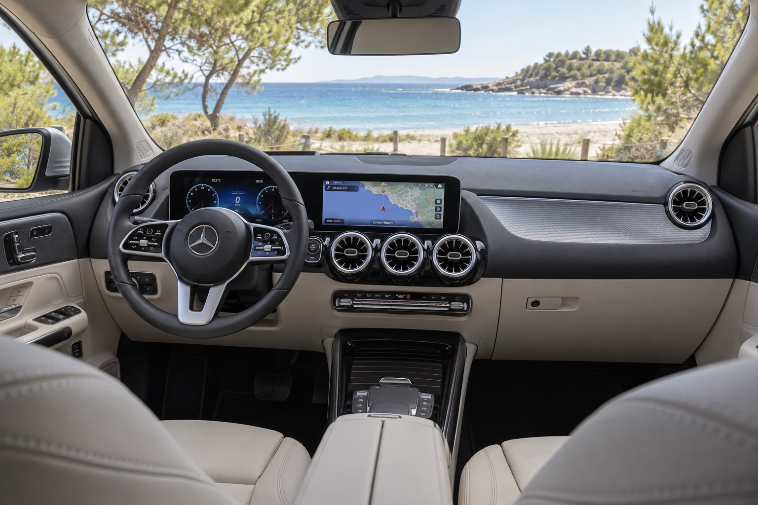 Mercedes-Benz B200 W247 med MBUX-skærme og runde ventilationsdyser set fra højre bagsæde